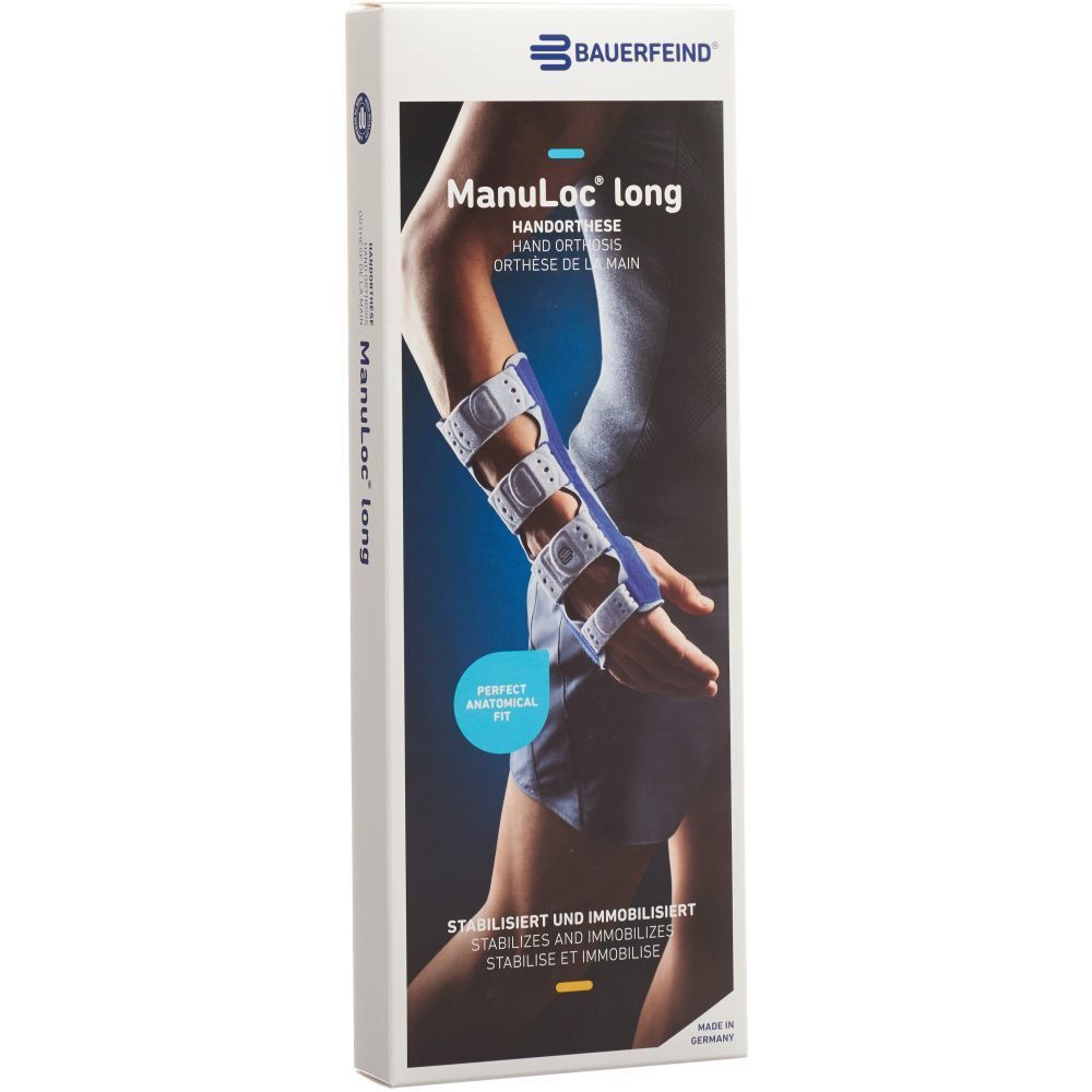 Bauerfeind Manuloc® Long Handorthese, Größe 2, auf Verpackung abgebildet. Produkt am Arm einer Person dargestellt.