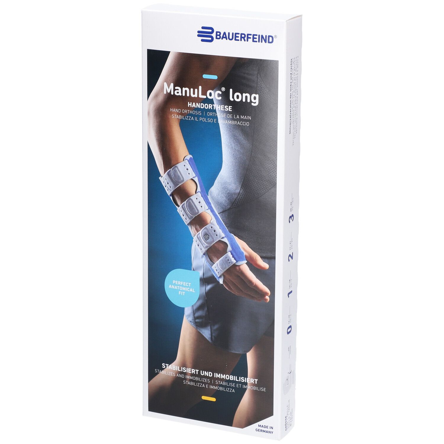 Bauerfeind Manuloc® Long Orthese, Handgelenk-Hand beidhändig, Größe 3. Produktabbildung mit Arm und Orthese.
