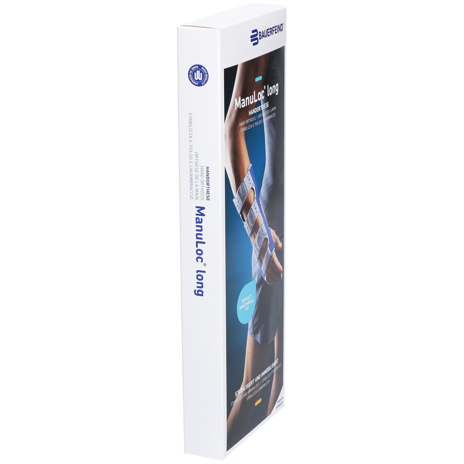 Verpackung der Bauerfeind Manuloc® Long Orthese. Seitenansicht mit Produktnamen und Logo.