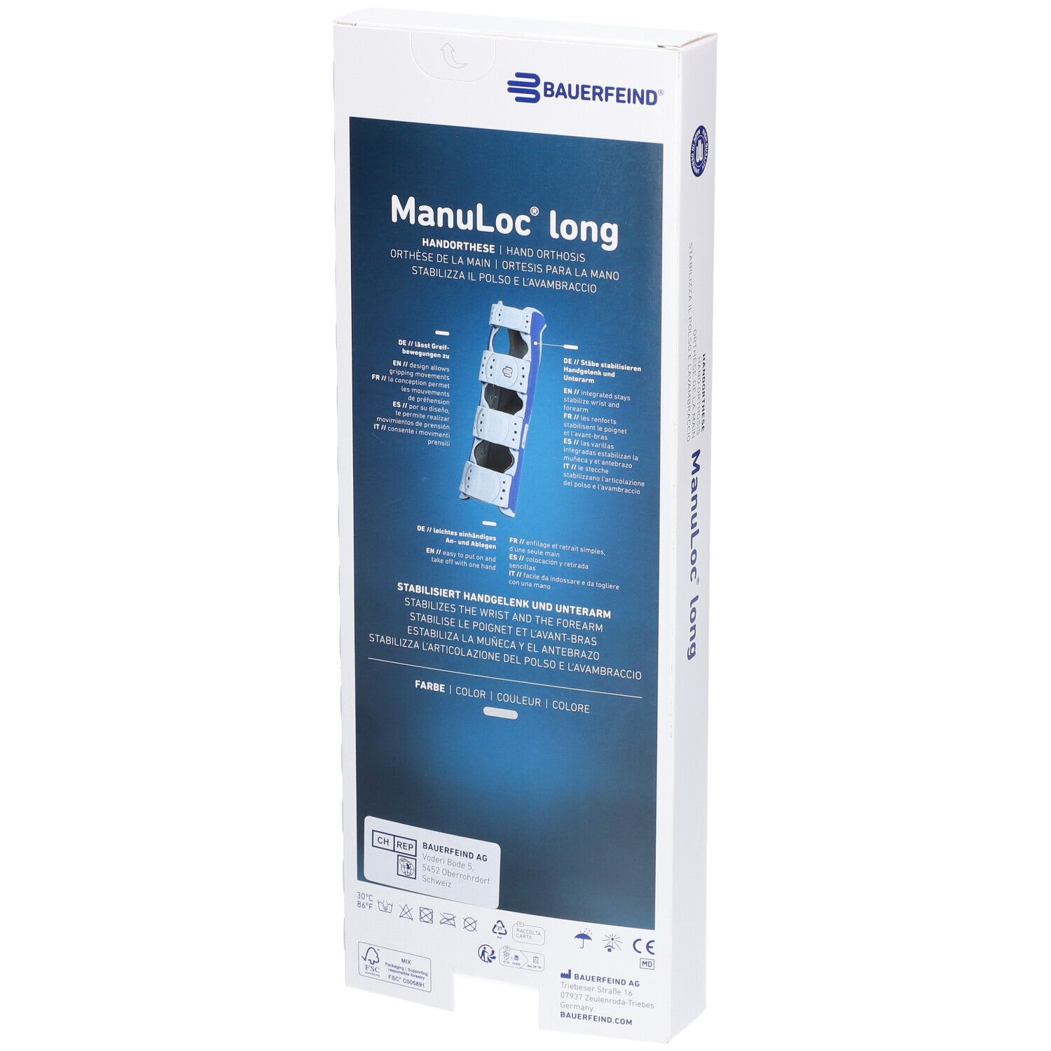 Rückseite der Verpackung der Bauerfeind Manuloc® Long Orthese. Produktinformationen und Logos.