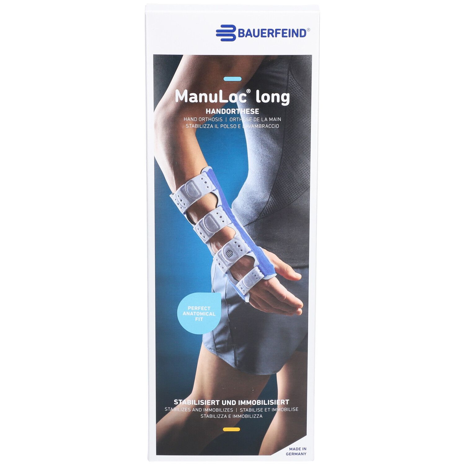 Bauerfeind Manuloc® Long Orthese am Arm. Produktabbildung mit Arm und Orthese.