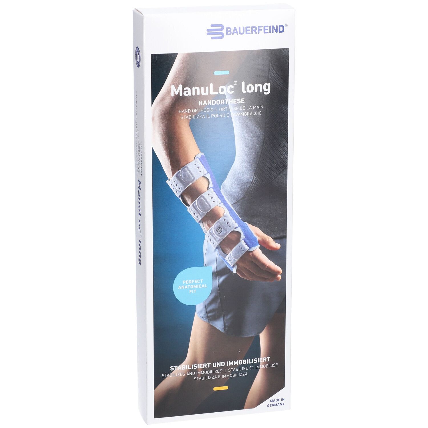 Bauerfeind Manuloc® Long Orthese am Arm. Produktabbildung mit Arm und Orthese.