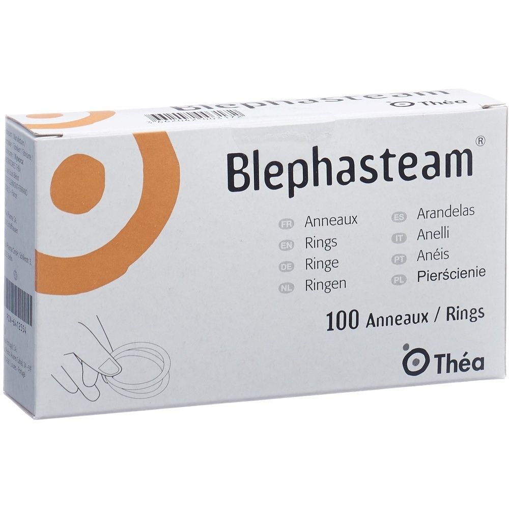 Boîte de Blephasteam®. Carton blanc avec cercle orange. Inscription: Blephasteam, 100 Anneaux. Logo Thea.