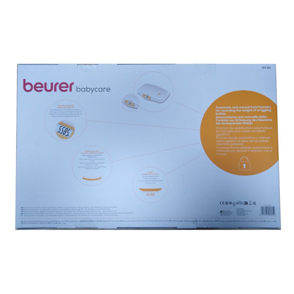 Rückseite der Verpackung. Babywaage, digitale Anzeige, Illustrationen. Marke: Beurer babycare.