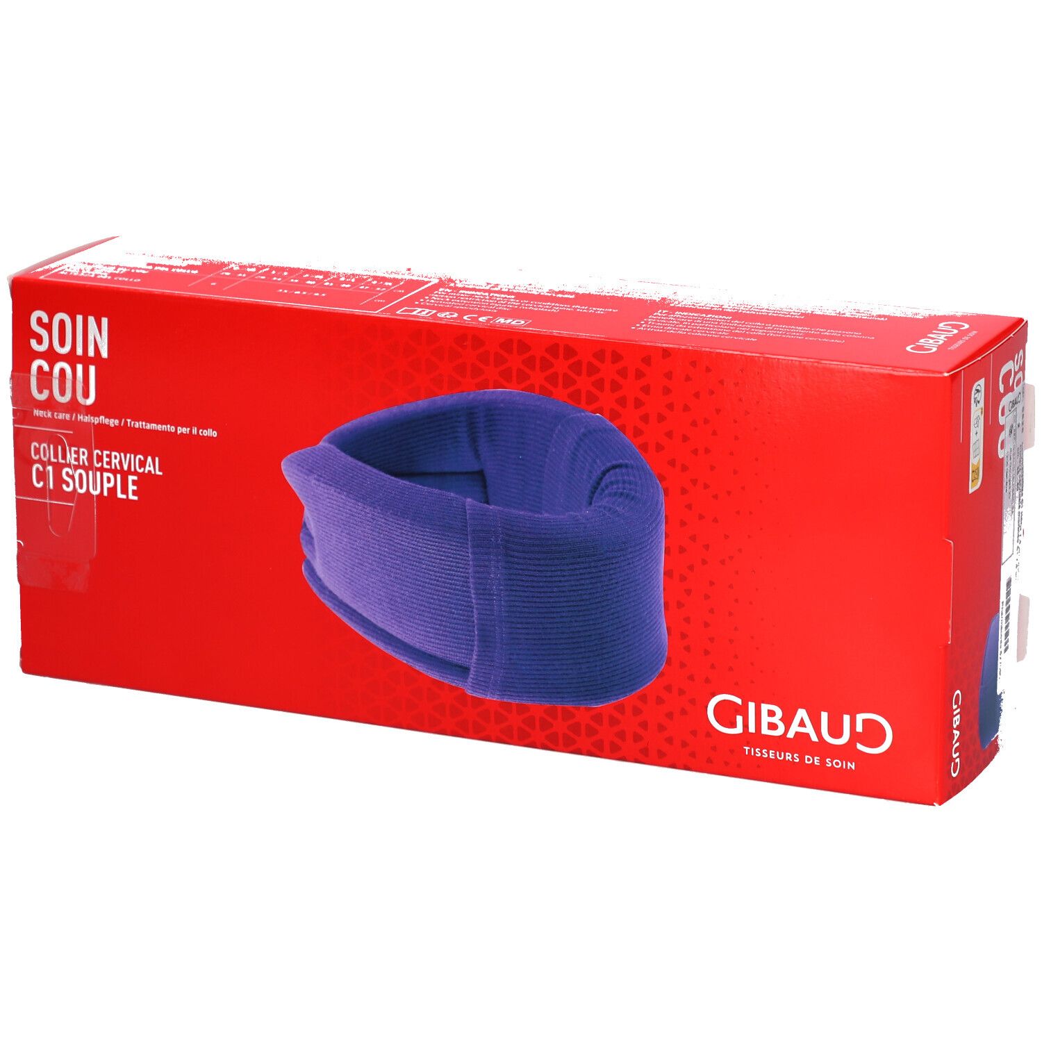 Boîte rouge avec collier cervical bleu. Inscriptions: SOIN COU, COLLIER CERVICAL C1 SOUPLE. Marque: GIBAUD.