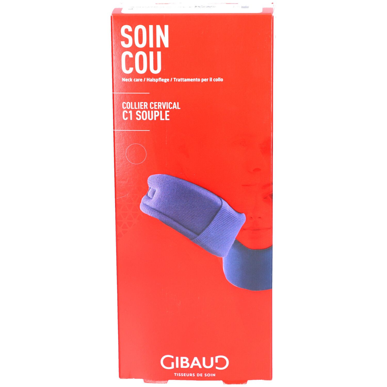 Boîte rouge avec collier cervical bleu. Inscriptions: SOIN COU, COLLIER CERVICAL C1 SOUPLE. Marque: GIBAUD.