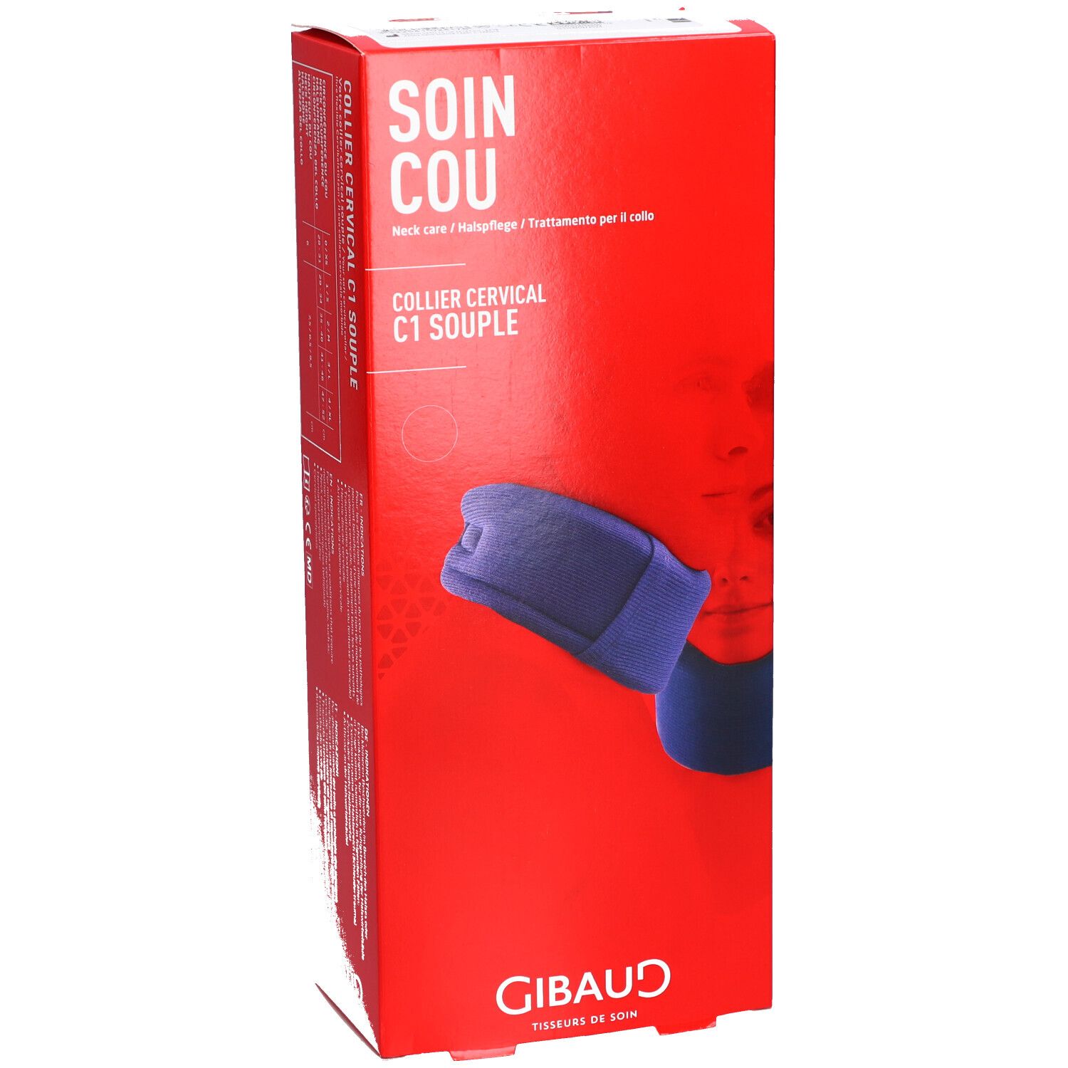 Boîte rouge avec collier cervical bleu. Inscriptions: SOIN COU, COLLIER CERVICAL C1 SOUPLE. Marque: GIBAUD.