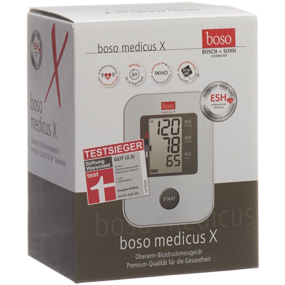 boso medicus X Blutdruckmessgerät in Verpackung. Anzeige mit Messwerten. Stiftung Warentest-Siegel.