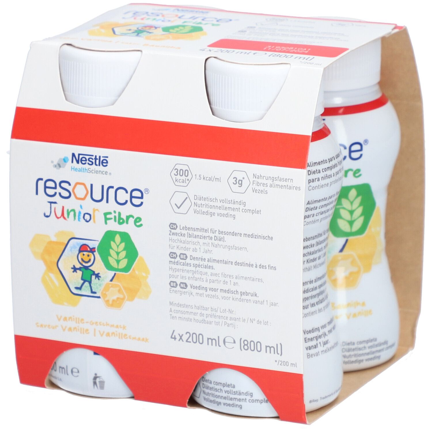Packung mit vier Flaschen NESTLE Resource Junior Fibre Vanille. Aufdrucke: 300 kcal, 3g Ballaststoffe, vollständige Ernährung.