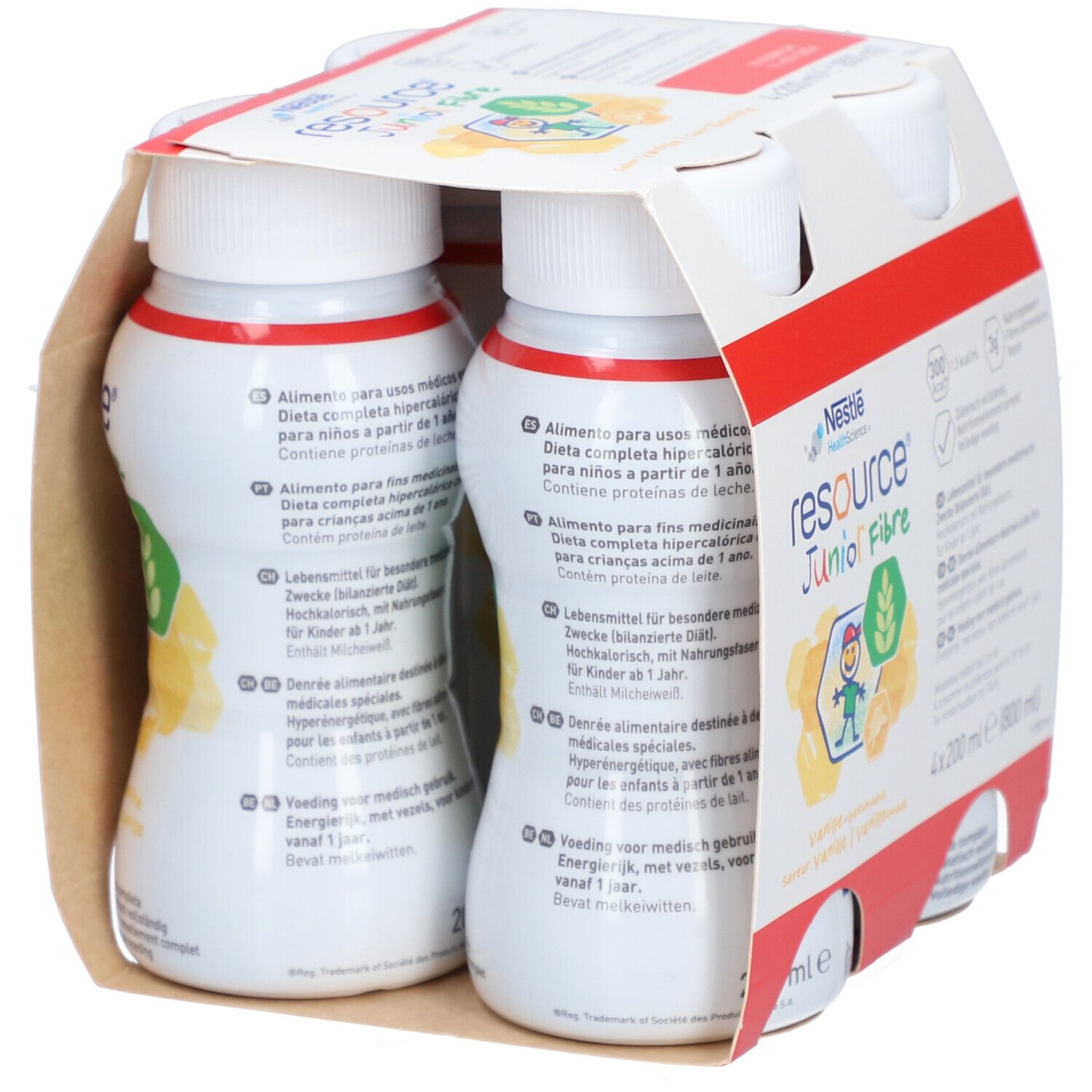 Packung mit vier Flaschen NESTLE Resource Junior Fibre Vanille. Flaschen mit weißem Deckel und rotem Ring. Text auf der Verpackung.