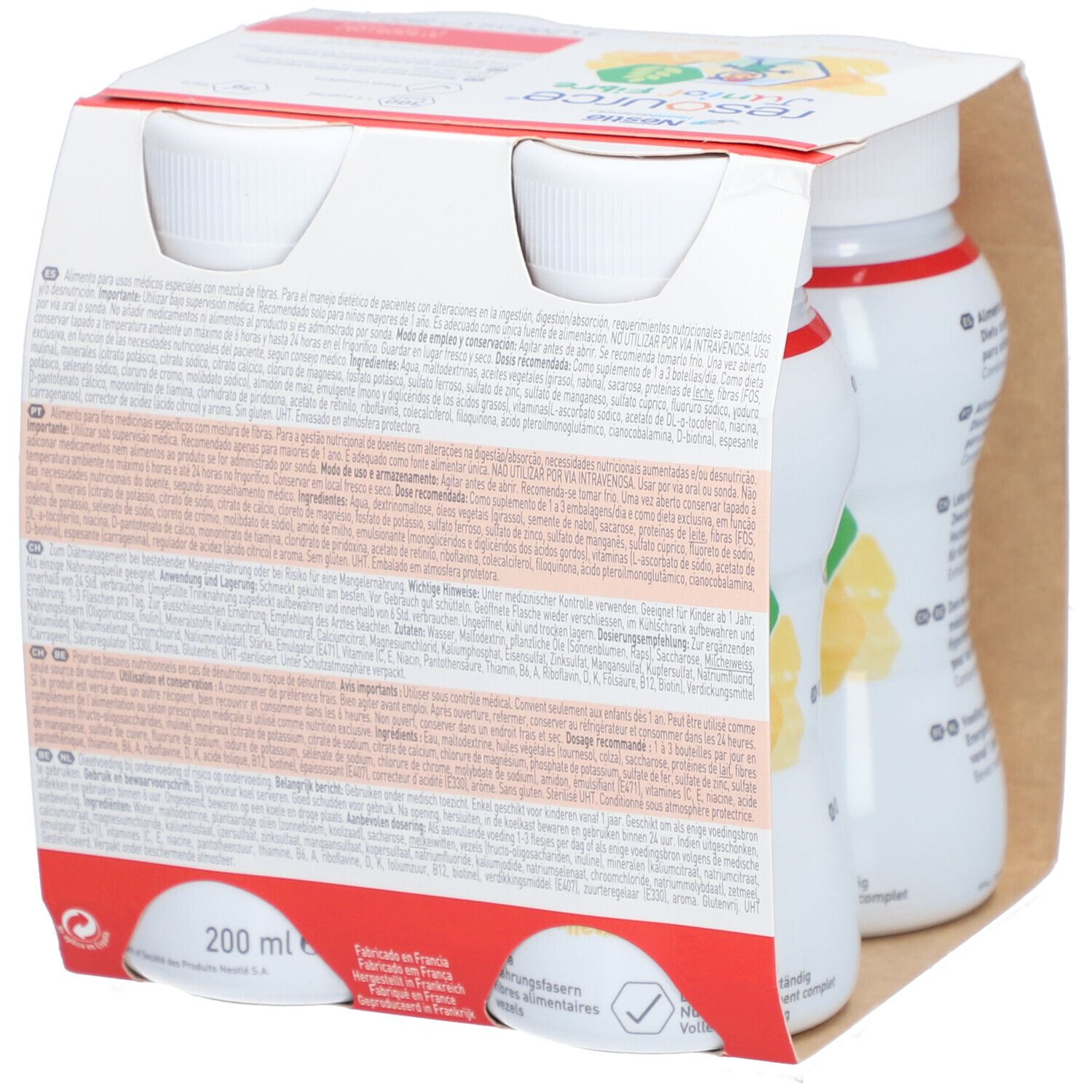 Rückseite der Packung mit vier Flaschen NESTLE Resource Junior Fibre Vanille. Text in verschiedenen Sprachen. 200 ml pro Flasche.