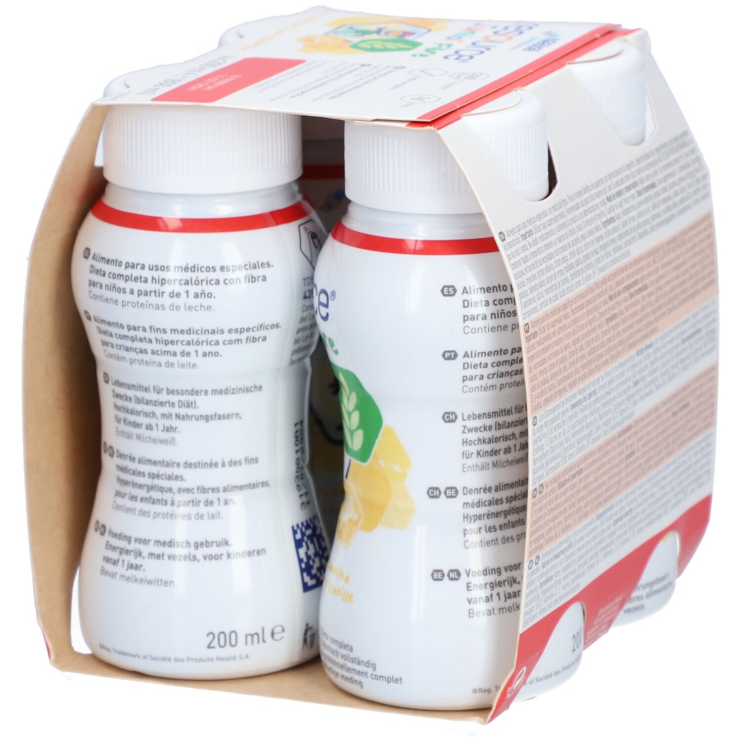 Packung mit vier Flaschen NESTLE Resource Junior Fibre Vanille. Flaschen mit weißem Deckel und rotem Ring. 200 ml pro Flasche.