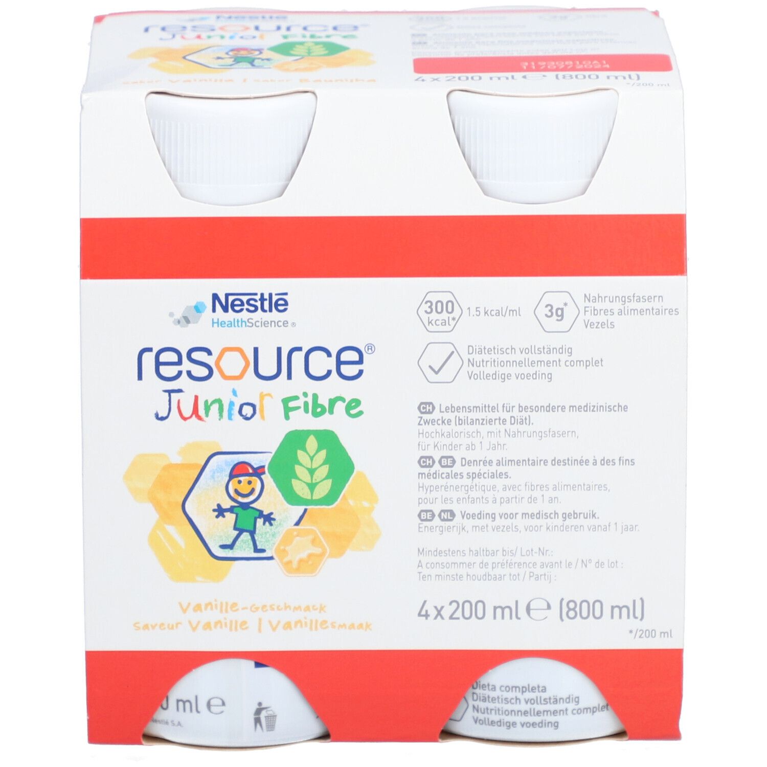 Packung mit vier Flaschen NESTLE Resource Junior Fibre Vanille. Aufdrucke: 300 kcal, 3g Ballaststoffe, vollständige Ernährung. 800 ml.