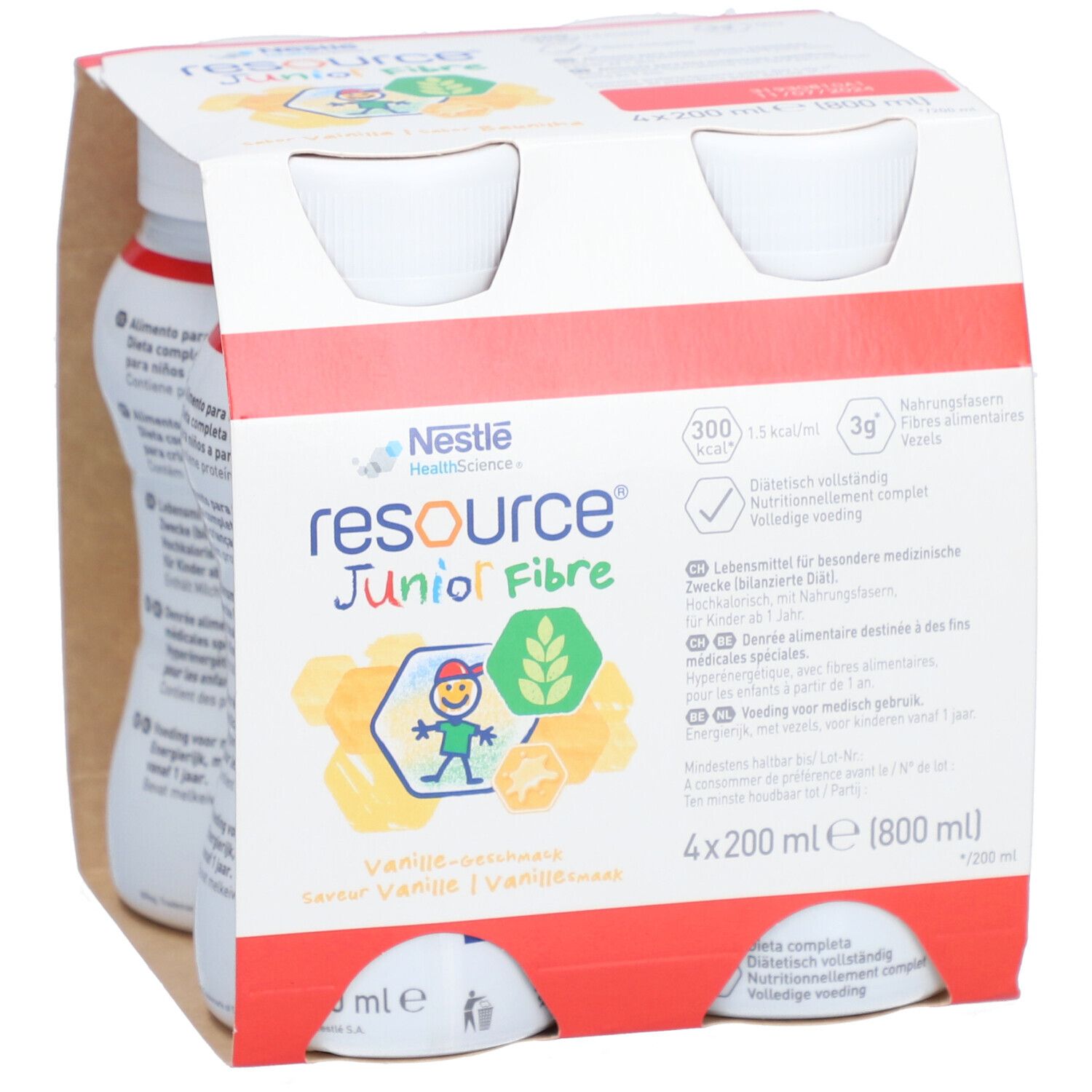 Packung mit vier Flaschen NESTLE Resource Junior Fibre Vanille. Aufdrucke: 300 kcal, 3g Ballaststoffe, vollständige Ernährung. 800 ml.