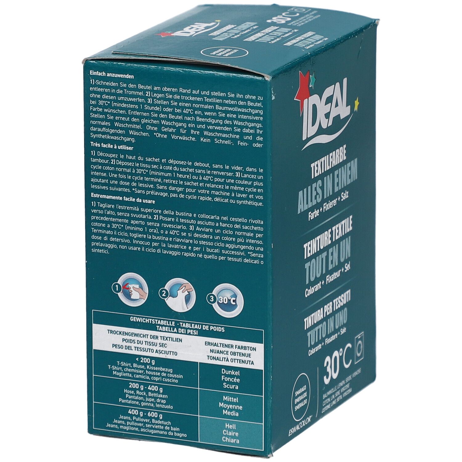 Box mit Produktinformationen. IDEAL-Logo, Textilfarbe, 30°C-Symbol. Rückseite mit Gebrauchsanweisung und Tabellen.