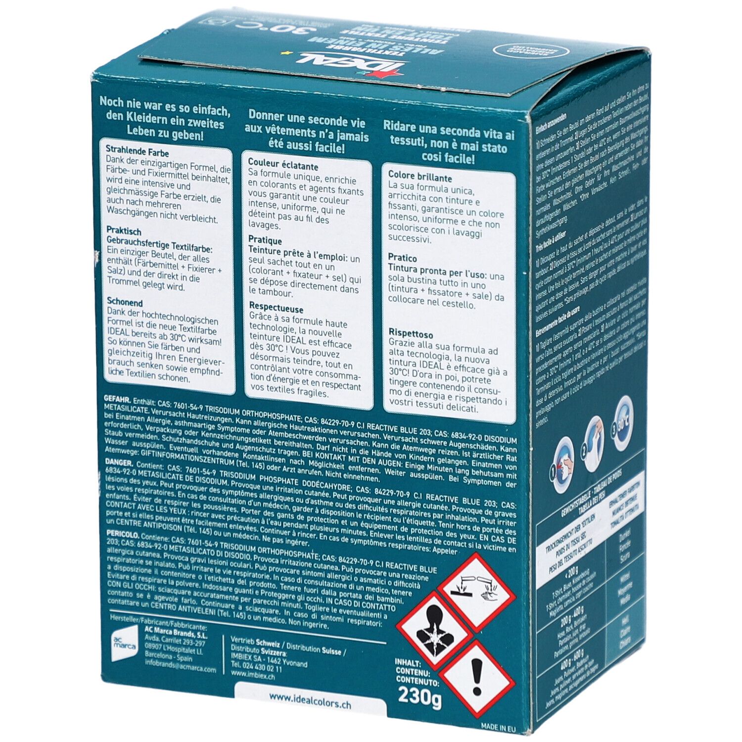 Box mit Produktinformationen. IDEAL-Logo, Textilfarbe, 30°C-Symbol. Rückseite mit Warnhinweisen und Inhaltsangaben.