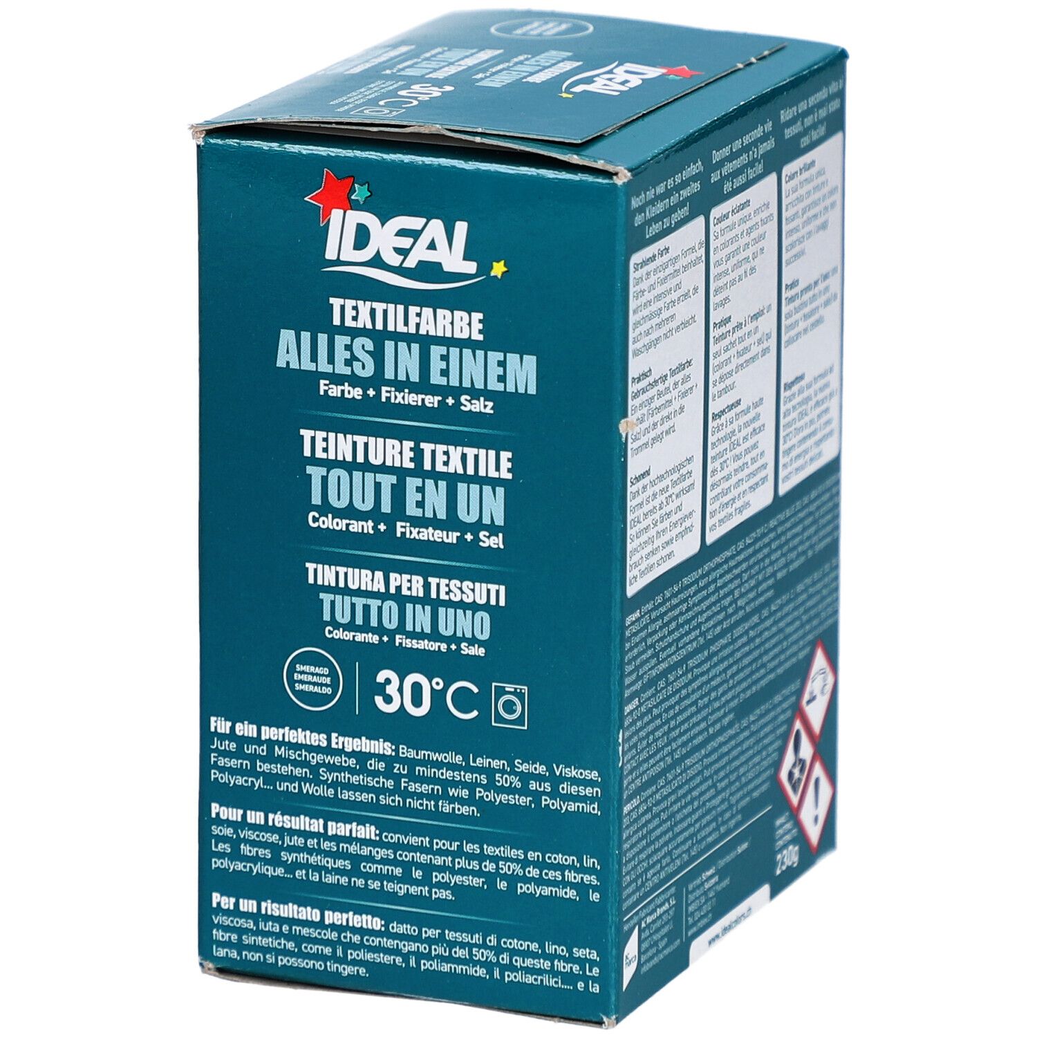 Türkisfarbene Box mit Produktinformationen. IDEAL-Logo, Textilfarbe, 30°C-Symbol. Mehrsprachige Produktbezeichnungen.