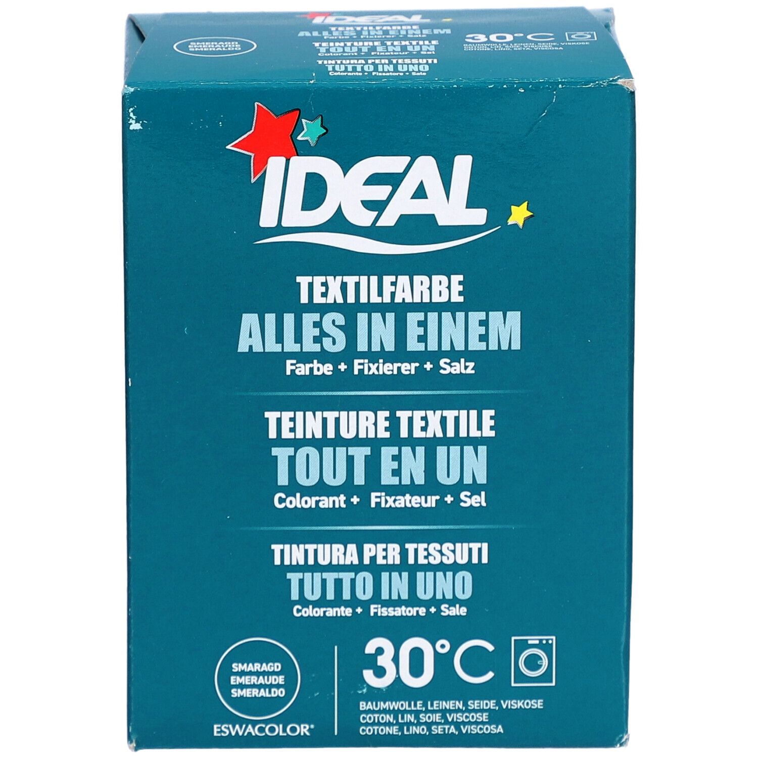 Türkisfarbene Box mit Produktinformationen. IDEAL-Logo, Textilfarbe, 30°C-Symbol. Mehrsprachige Produktbezeichnungen.