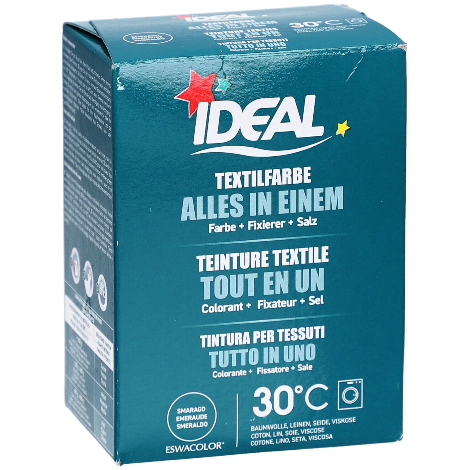 Türkisfarbene Box mit Produktinformationen. IDEAL-Logo, Textilfarbe, 30°C-Symbol. Mehrsprachige Produktbezeichnungen.