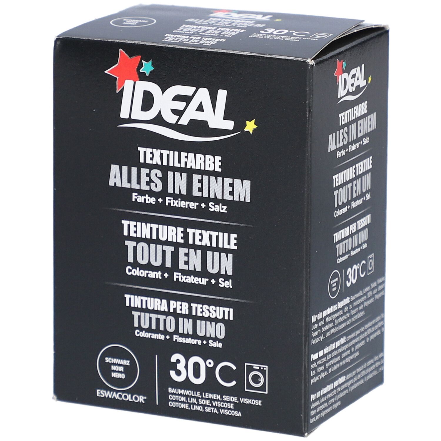 Boîte de teinture textile IDEAL noire. Inscription: Teinture textile, Tout en un. Contient couleur, fixateur, sel. Symbole de lavage 30°C.