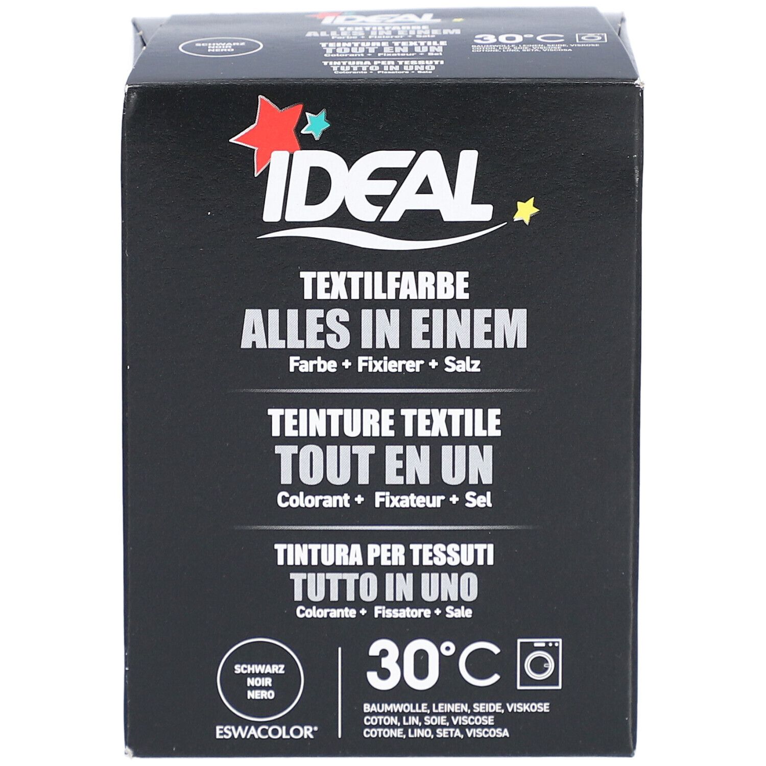 Boîte de teinture textile IDEAL noire. Inscription: Teinture textile, Tout en un. Contient couleur, fixateur, sel. Symbole de lavage 30°C.