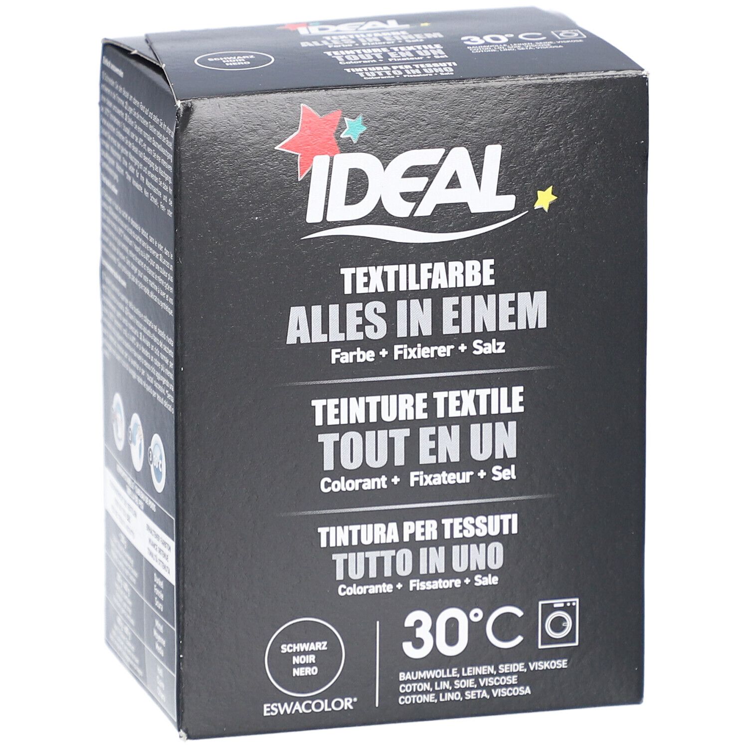 Boîte de teinture textile IDEAL noire. Inscription: Teinture textile, Tout en un. Contient couleur, fixateur, sel. Symbole de lavage 30°C.