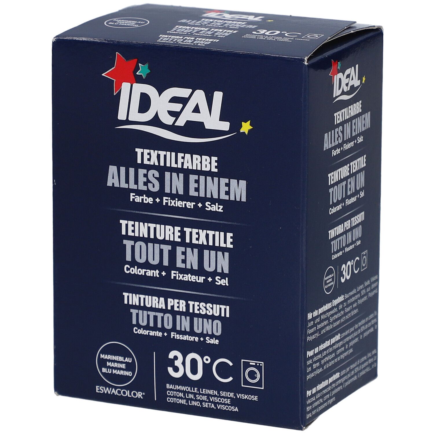 Ideal Textilfarbe Marine, Alles in Einem. Blaue Verpackung mit Produktnamen und 30°C-Symbol. Enthält Farbe, Fixierer und Salz.