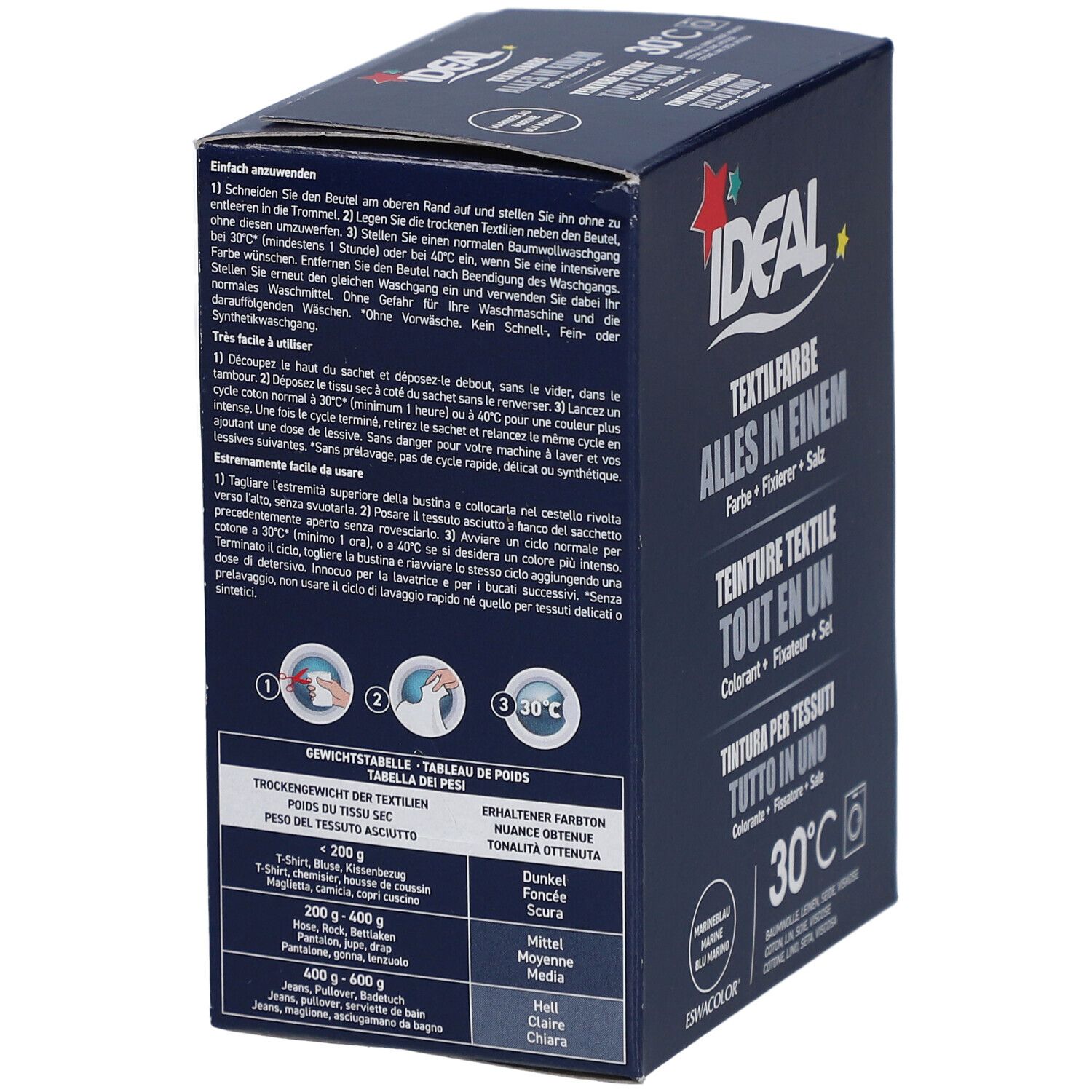 Rückseite der Ideal Textilfarbe Verpackung. Enthält Anweisungen und eine Tabelle zur Textilfärbung. 30°C-Symbol und Produktnamen.