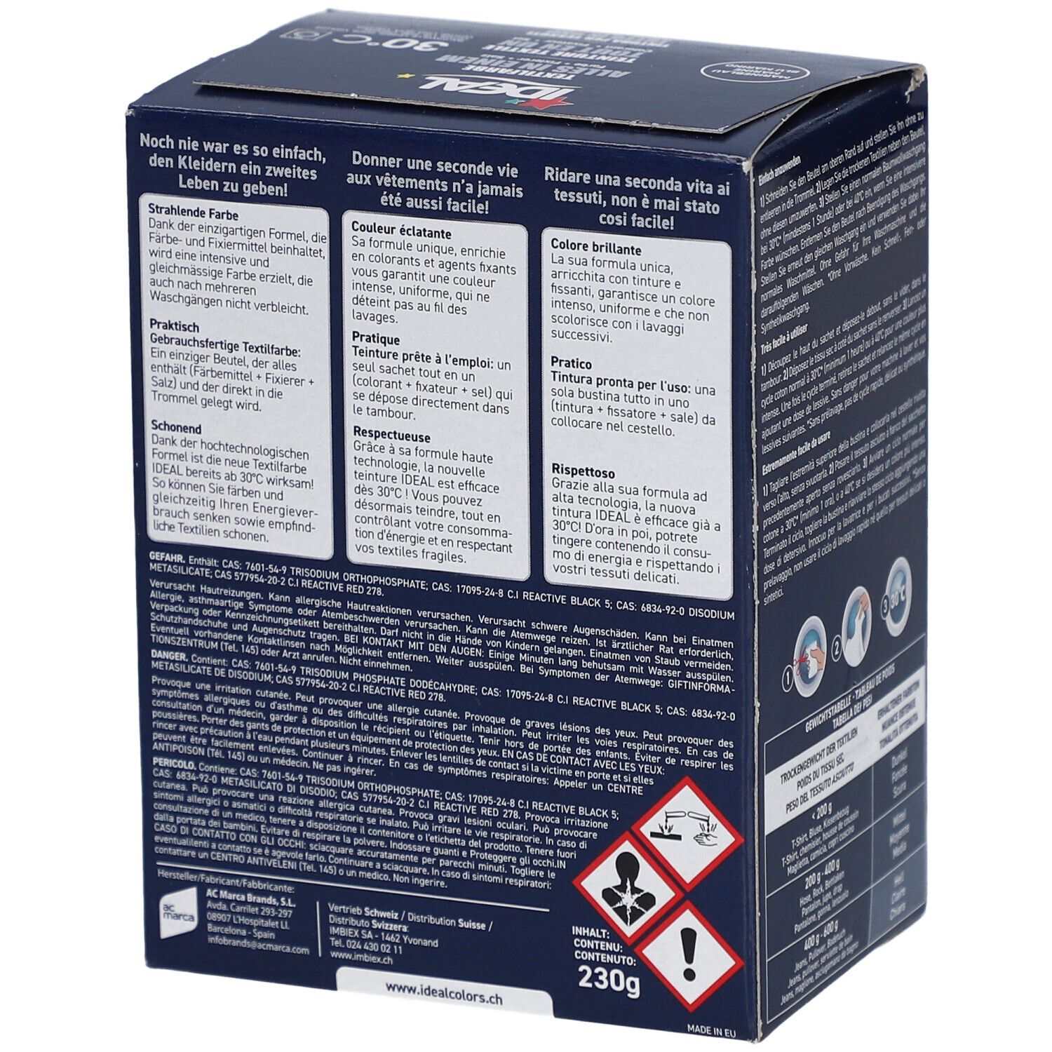 Rückseite der Ideal Textilfarbe Verpackung. Enthält Warnhinweise und Inhaltsstoffe. 230g Gewicht. Gefahrensymbole.