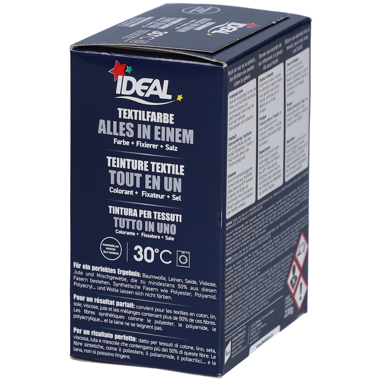 Ideal Textilfarbe Verpackung. Enthält Produktnamen, 30°C-Symbol und Textilarten. Blaue Verpackung.
