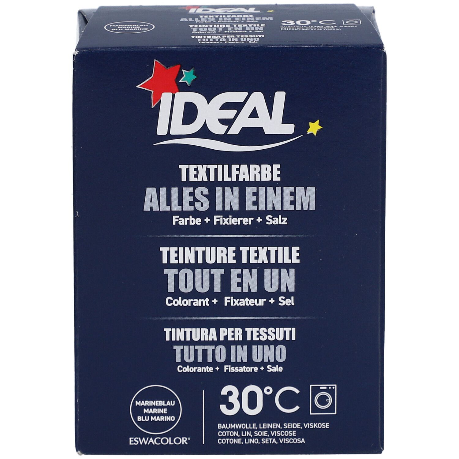 Ideal Textilfarbe Marine, Alles in Einem. Blaue Verpackung mit Produktnamen und 30°C-Symbol. Enthält Farbe, Fixierer und Salz.