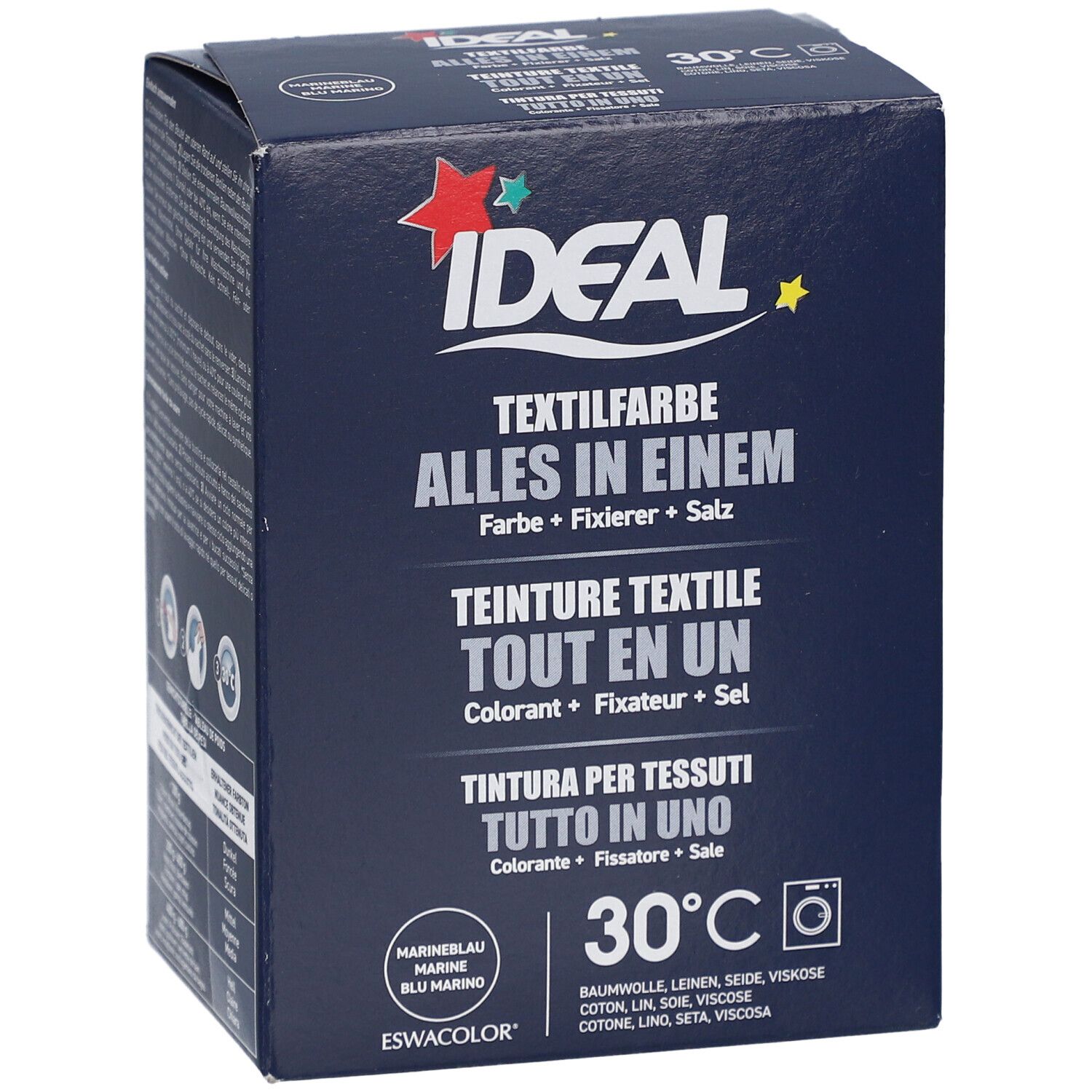 Ideal Textilfarbe Marine, Alles in Einem. Blaue Verpackung mit Produktnamen und 30°C-Symbol. Enthält Farbe, Fixierer und Salz.