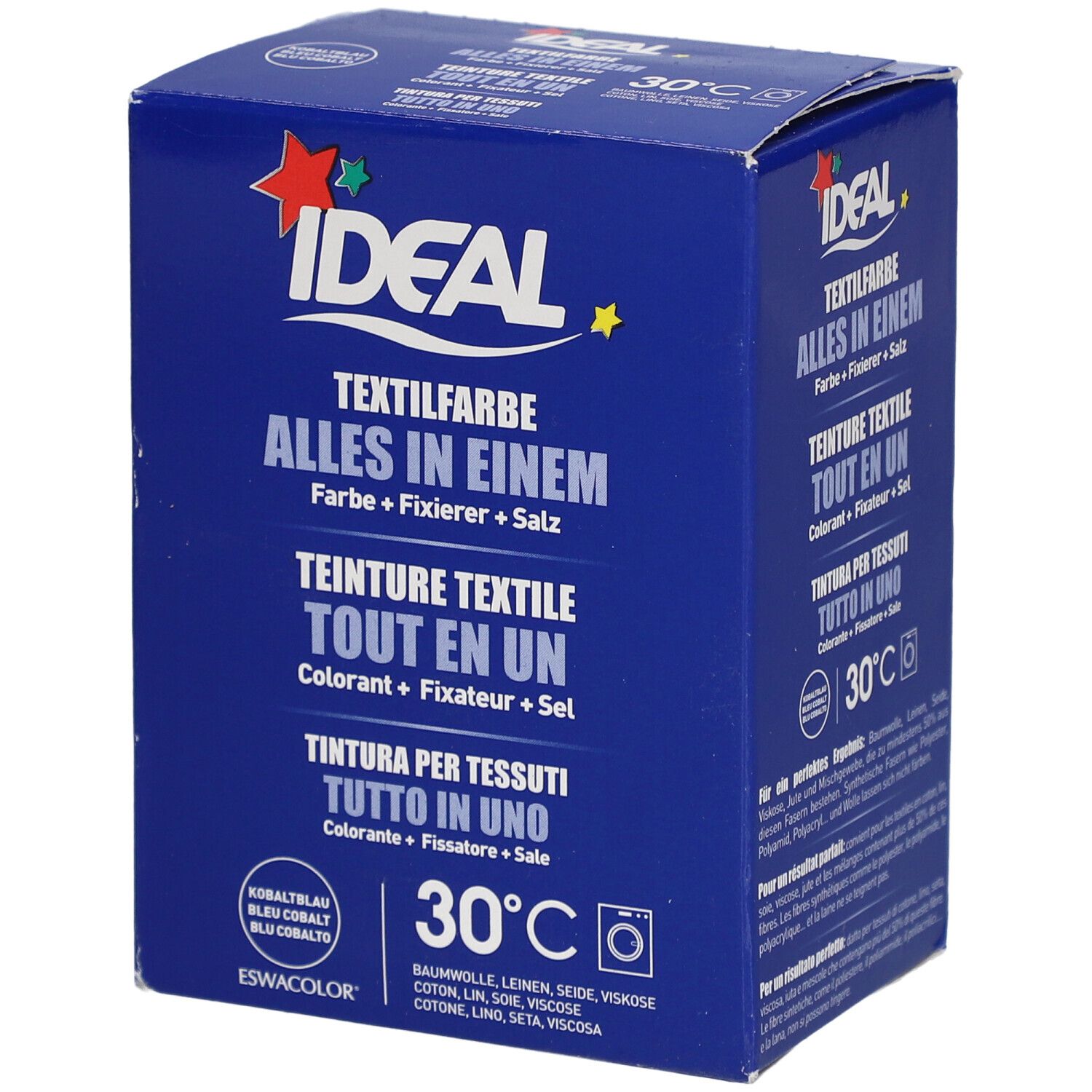 Blaues Produktkarton mit Textilfarbe. Aufschrift: IDEAL, Textilfarbe Alles in Einem. 30°C. Enthält Farbe, Fixierer, Salz.
