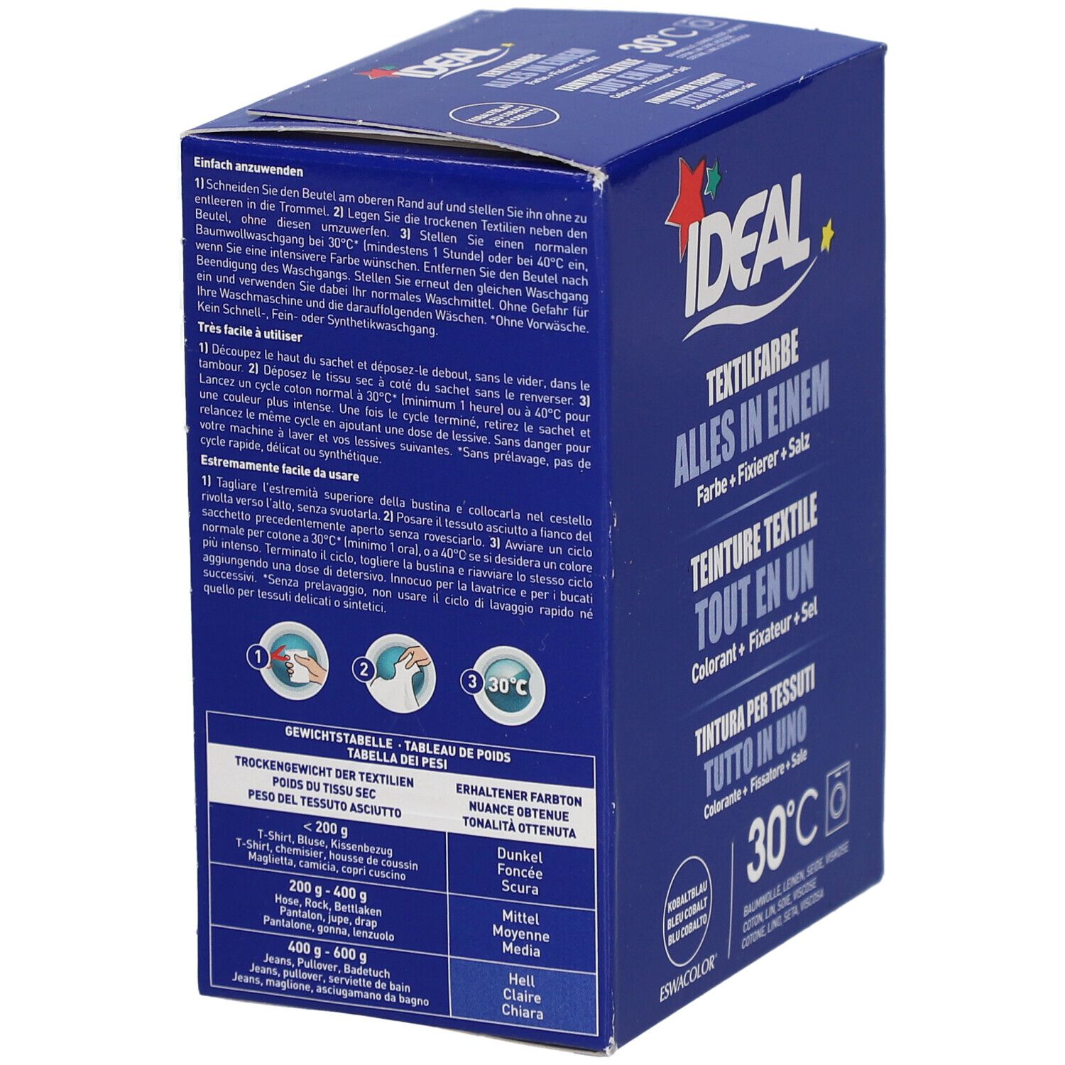 Blauer Produktkarton mit Textilfarbe. Aufschrift: IDEAL, Textilfarbe Alles in Einem. Enthält Farbe, Fixierer, Salz. 30°C.
