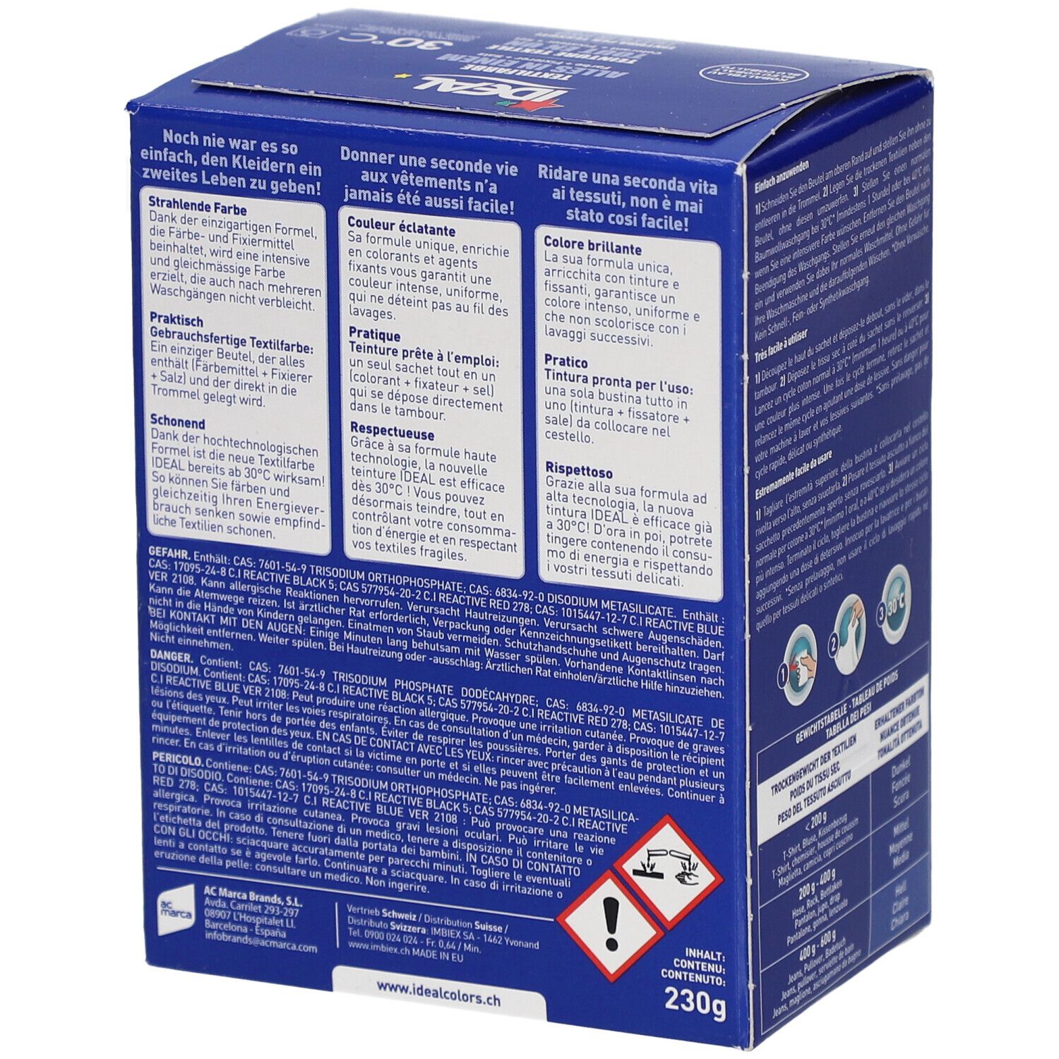 Blauer Produktkarton mit Textilfarbe. Aufschrift: IDEAL, Textilfarbe Alles in Einem. Enthält Farbe, Fixierer, Salz. 230g.