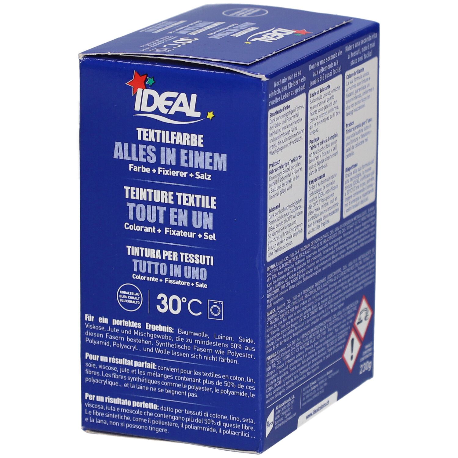 Blauer Produktkarton mit Textilfarbe. Aufschrift: IDEAL, Textilfarbe Alles in Einem. Enthält Farbe, Fixierer, Salz. 230g.