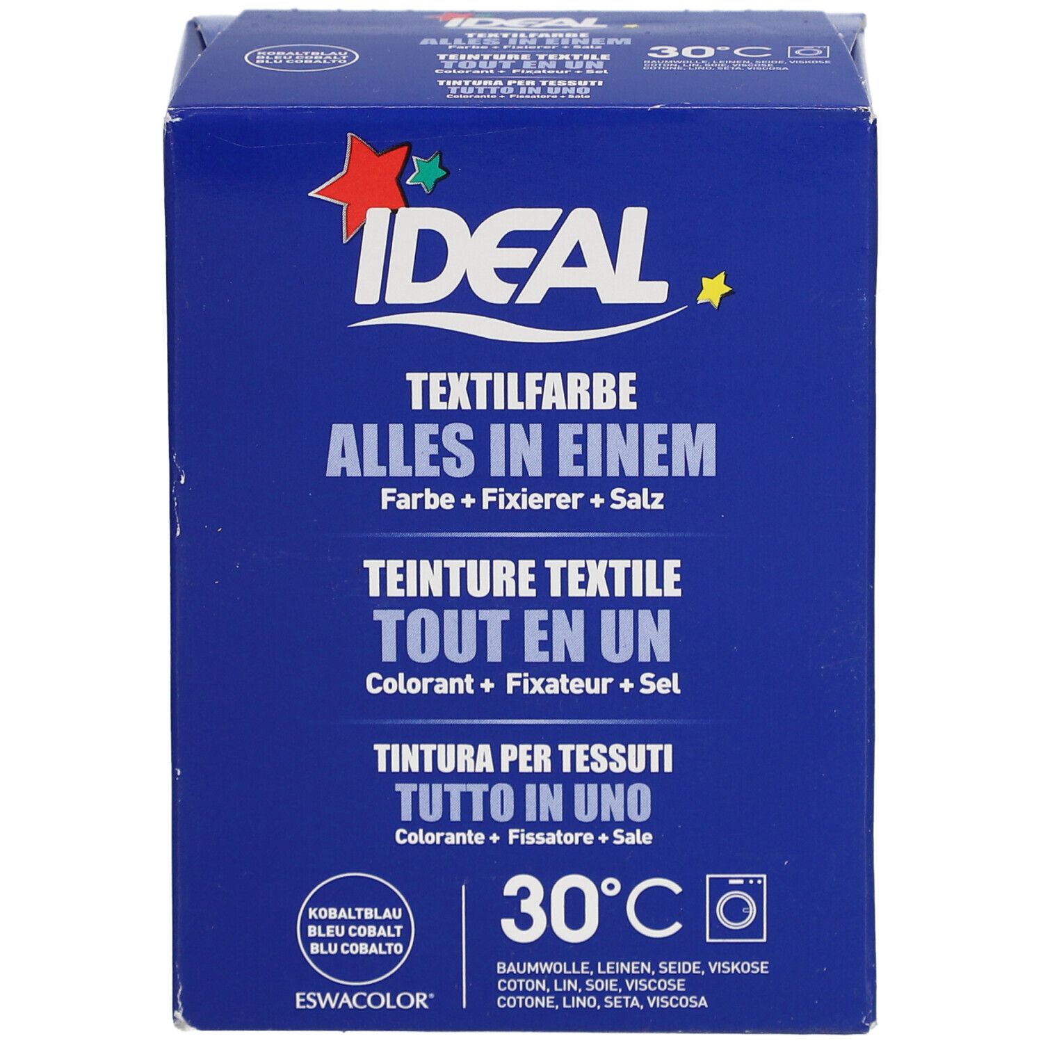 Blauer Produktkarton mit Textilfarbe. Aufschrift: IDEAL, Textilfarbe Alles in Einem. Enthält Farbe, Fixierer, Salz. 30°C.