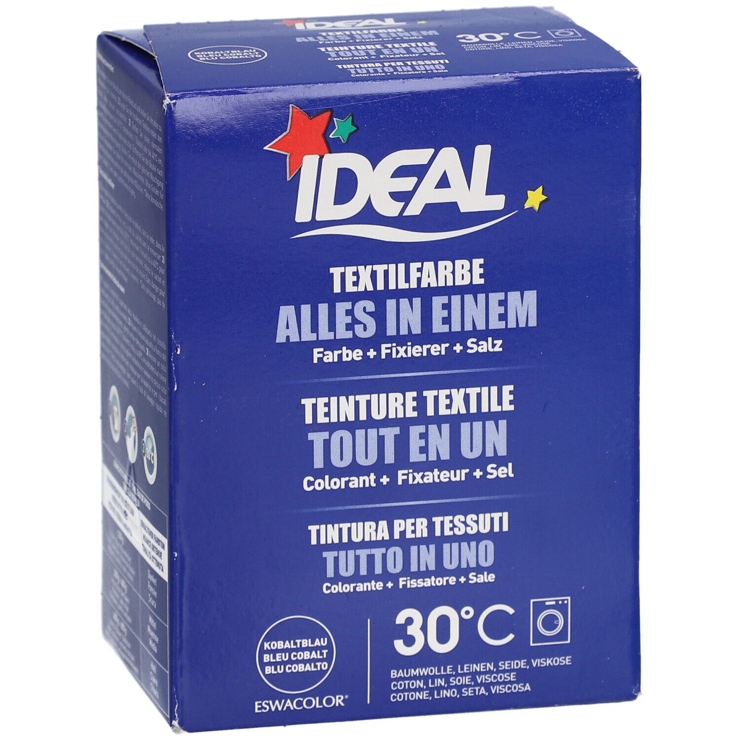 Blauer Produktkarton mit Textilfarbe. Aufschrift: IDEAL, Textilfarbe Alles in Einem. Enthält Farbe, Fixierer, Salz. 30°C.