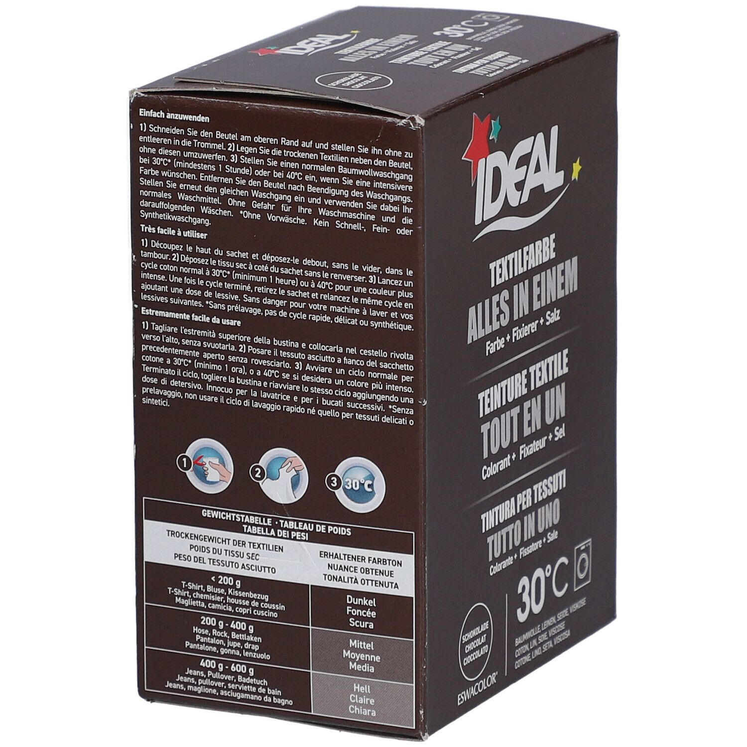 Rückseite der braunen Produktverpackung. Enthält Anweisungen und Tabellen für Textilfarbe. 30°C-Symbol.