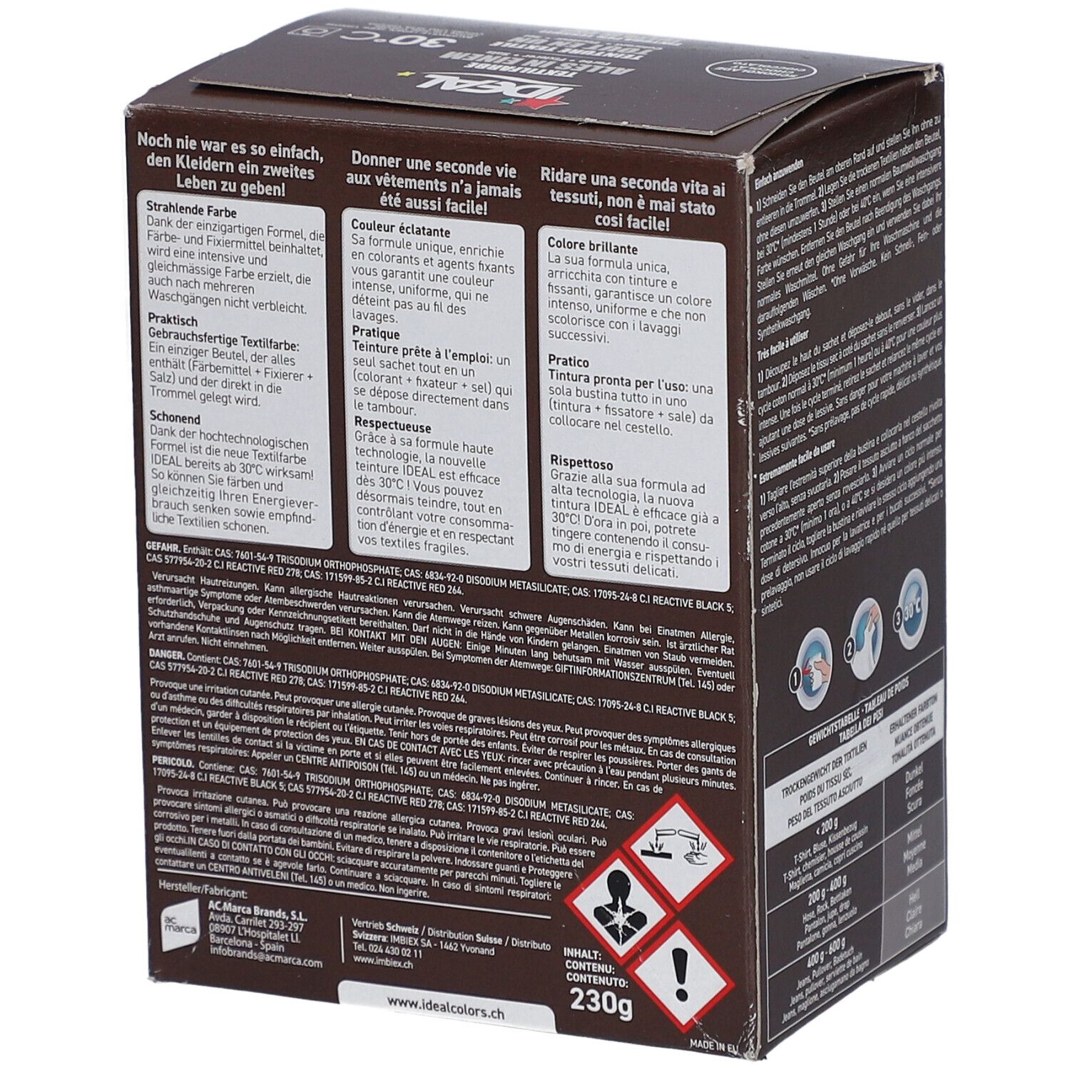 Braune Produktverpackung mit Textilfarbe-Logo. Enthält Text und Warnhinweise. Gewicht: 230g.