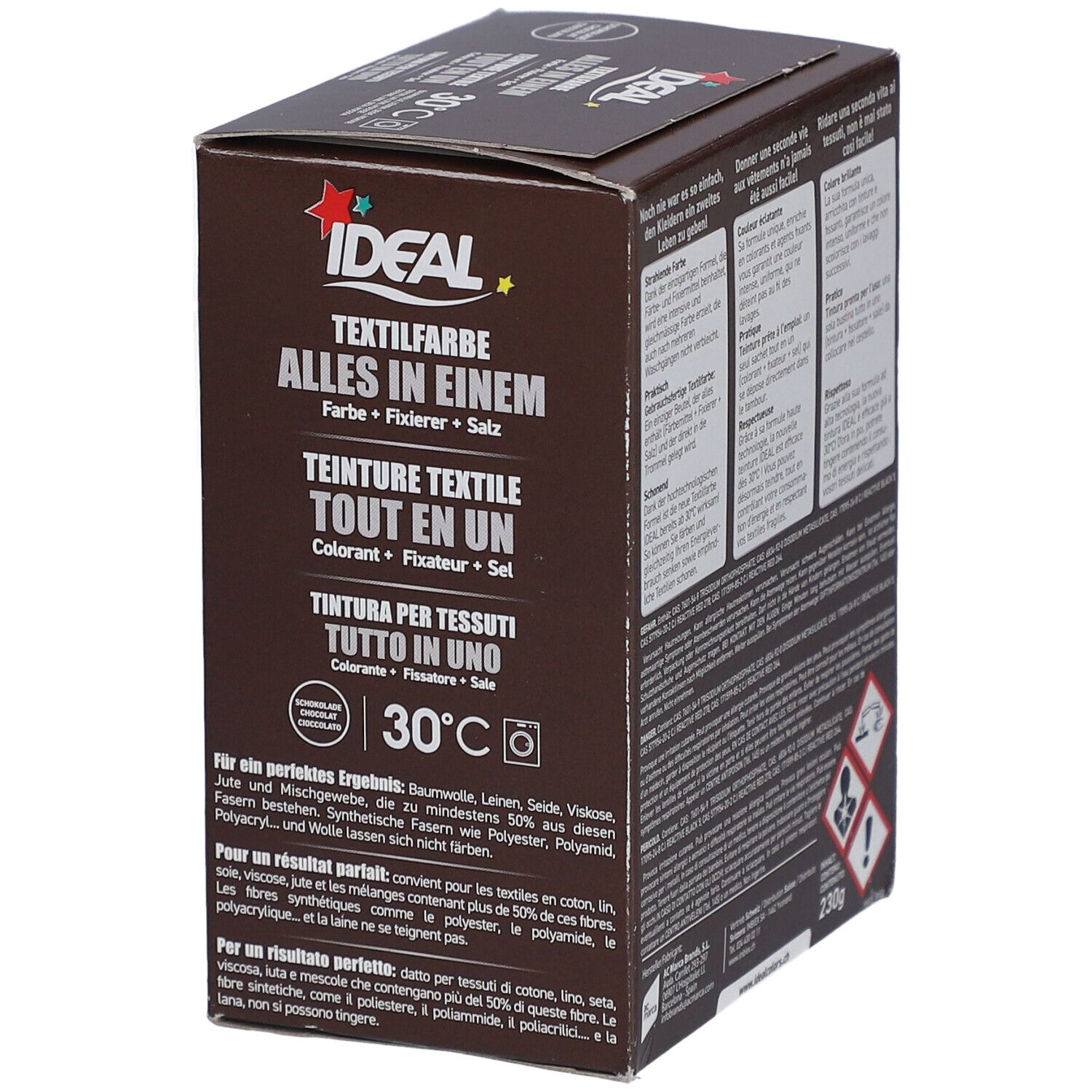 Braune Produktverpackung mit Textilfarbe-Logo. Enthält Text über die Anwendung. 30°C-Symbol.