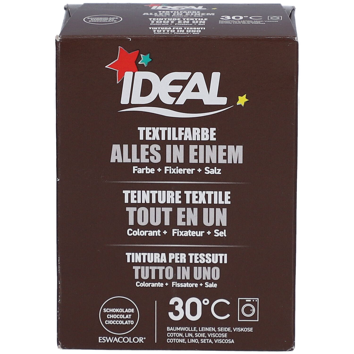 Braune Produktverpackung mit Textilfarbe-Logo. Enthält Text in Deutsch, Französisch, Italienisch. 30°C-Symbol.