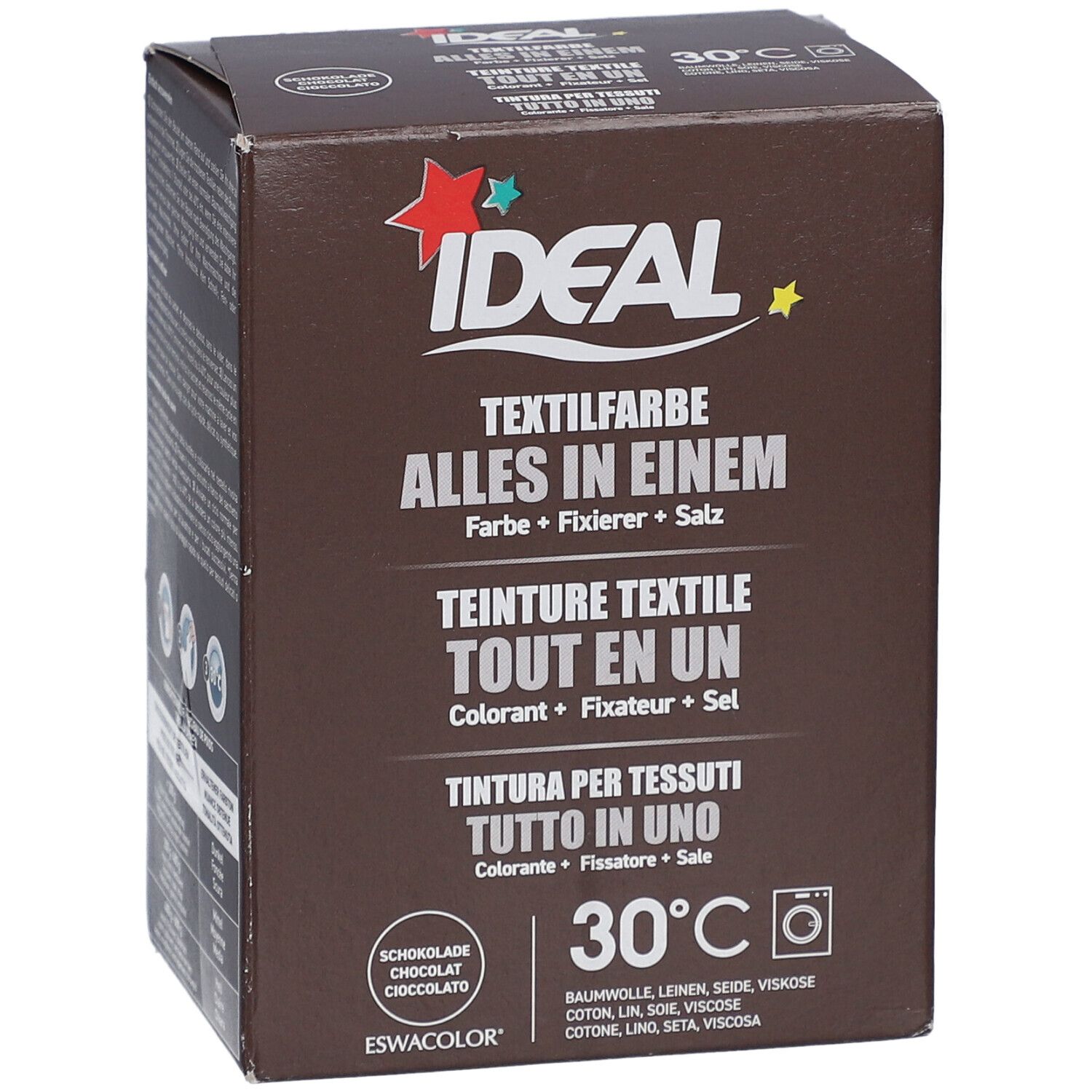 Braune Produktverpackung mit Textilfarbe-Logo. Enthält Text in Deutsch, Französisch, Italienisch. 30°C-Symbol.