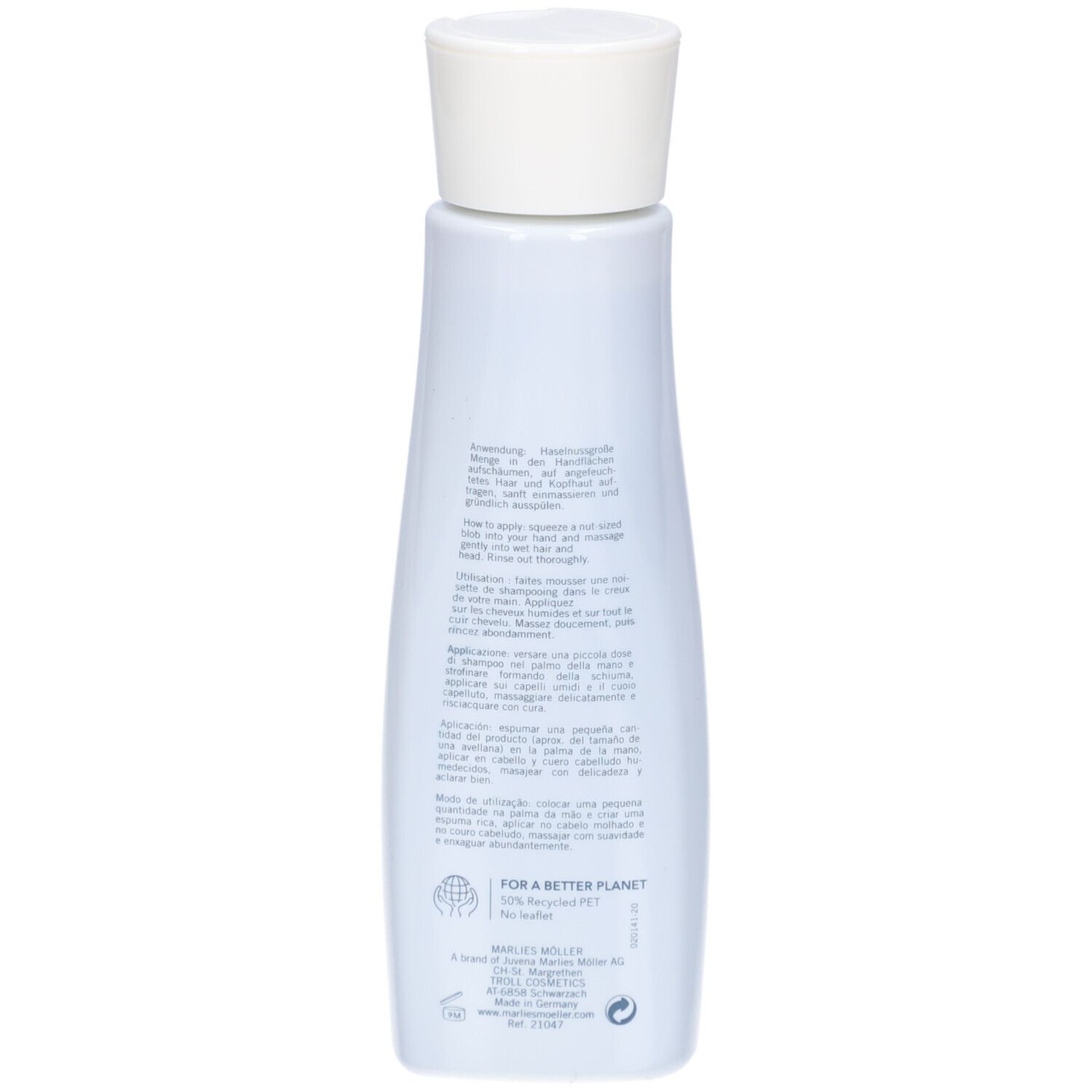 Rückseite des Marlies Möller Silver Shine Shampoos. Text in mehreren Sprachen. Für einen besseren Planeten.