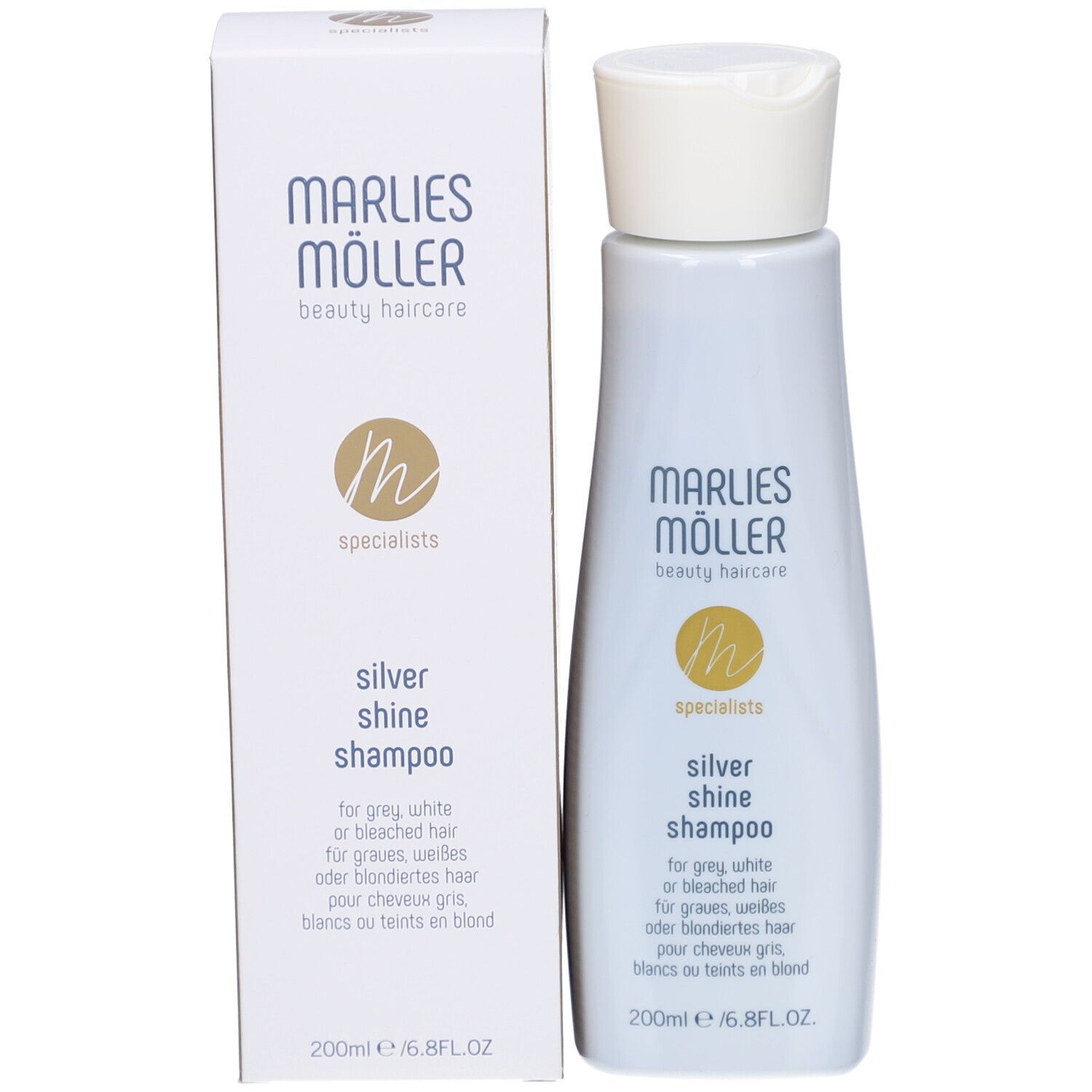 Marlies Möller Silver Shine Shampoo mit Verpackung. Aufschrift: Silver Shine Shampoo. 200ml.