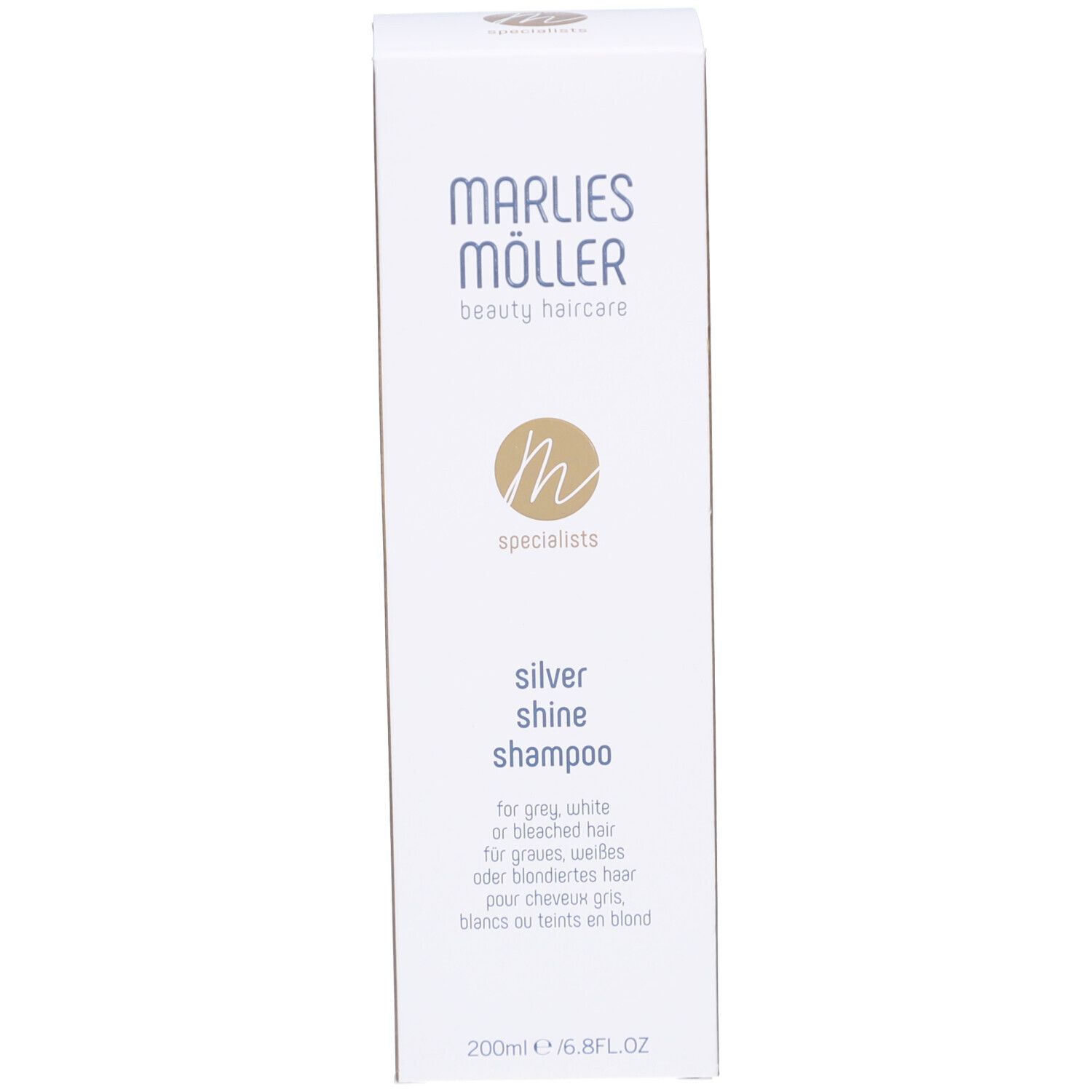 Verpackung des Marlies Möller Silver Shine Shampoos. Aufschrift: Silver Shine Shampoo. 200ml.