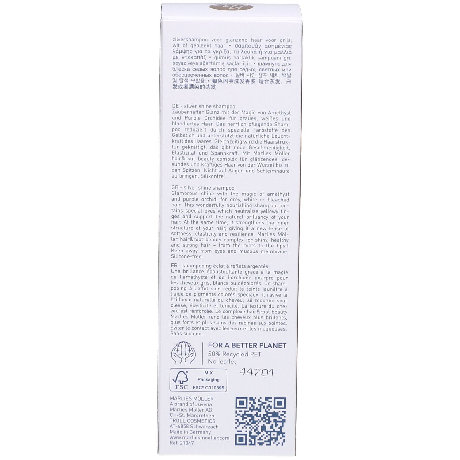 Rückseite der Verpackung des Marlies Möller Shampoos. Text in mehreren Sprachen. Für einen besseren Planeten.