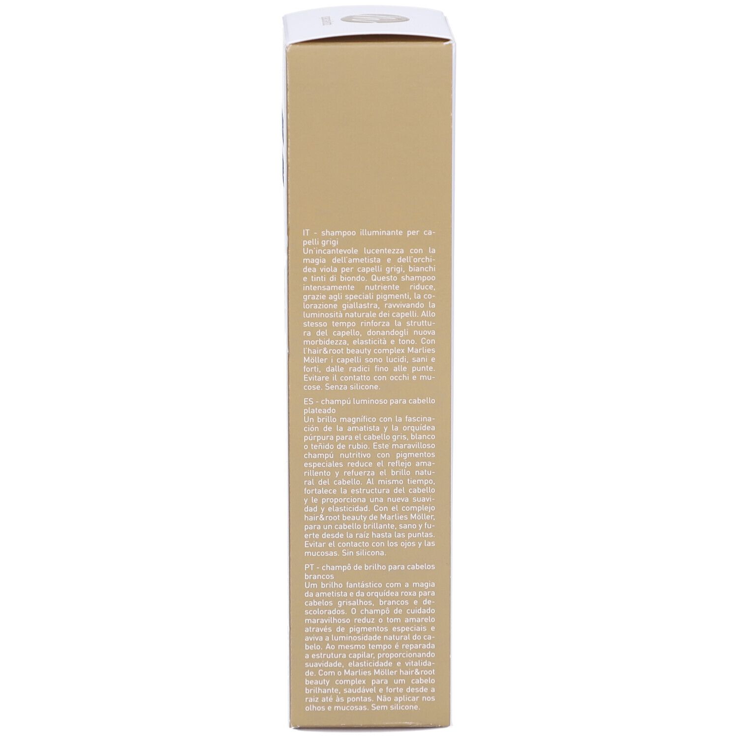 Seite der Verpackung des Marlies Möller Shampoos. Text in mehreren Sprachen.