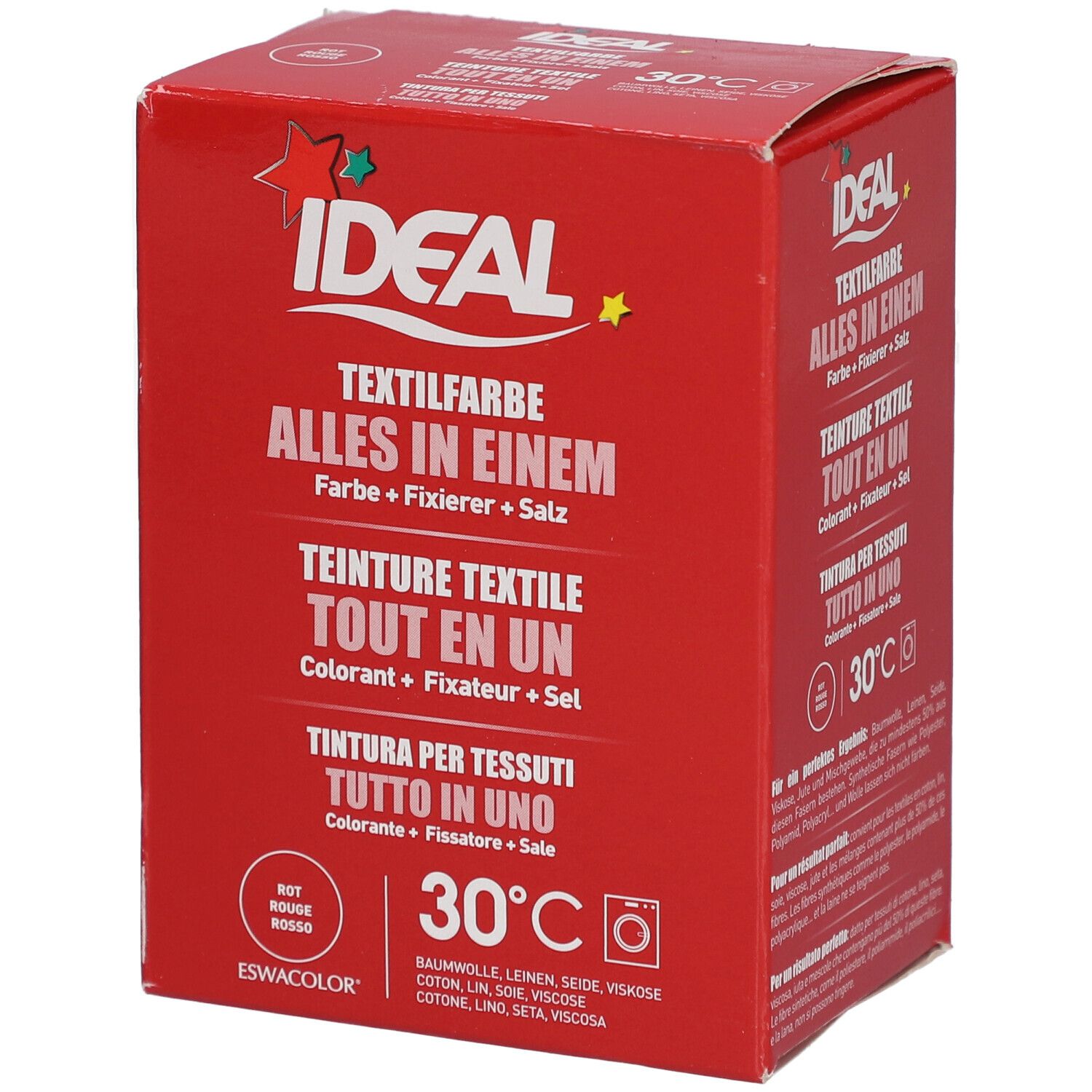 Rote Kartonverpackung mit Produktnamen IDEAL Textilfarbe. Mehrsprachige Produktinformationen. Waschmaschinen-Symbol.