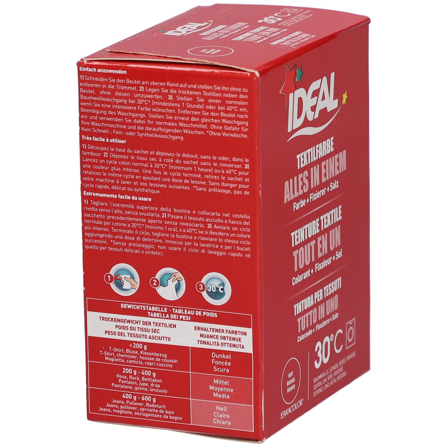 Rote Kartonverpackung mit Produktinformationen. Tabellen zur Gewichtsberechnung. IDEAL Textilfarbe.